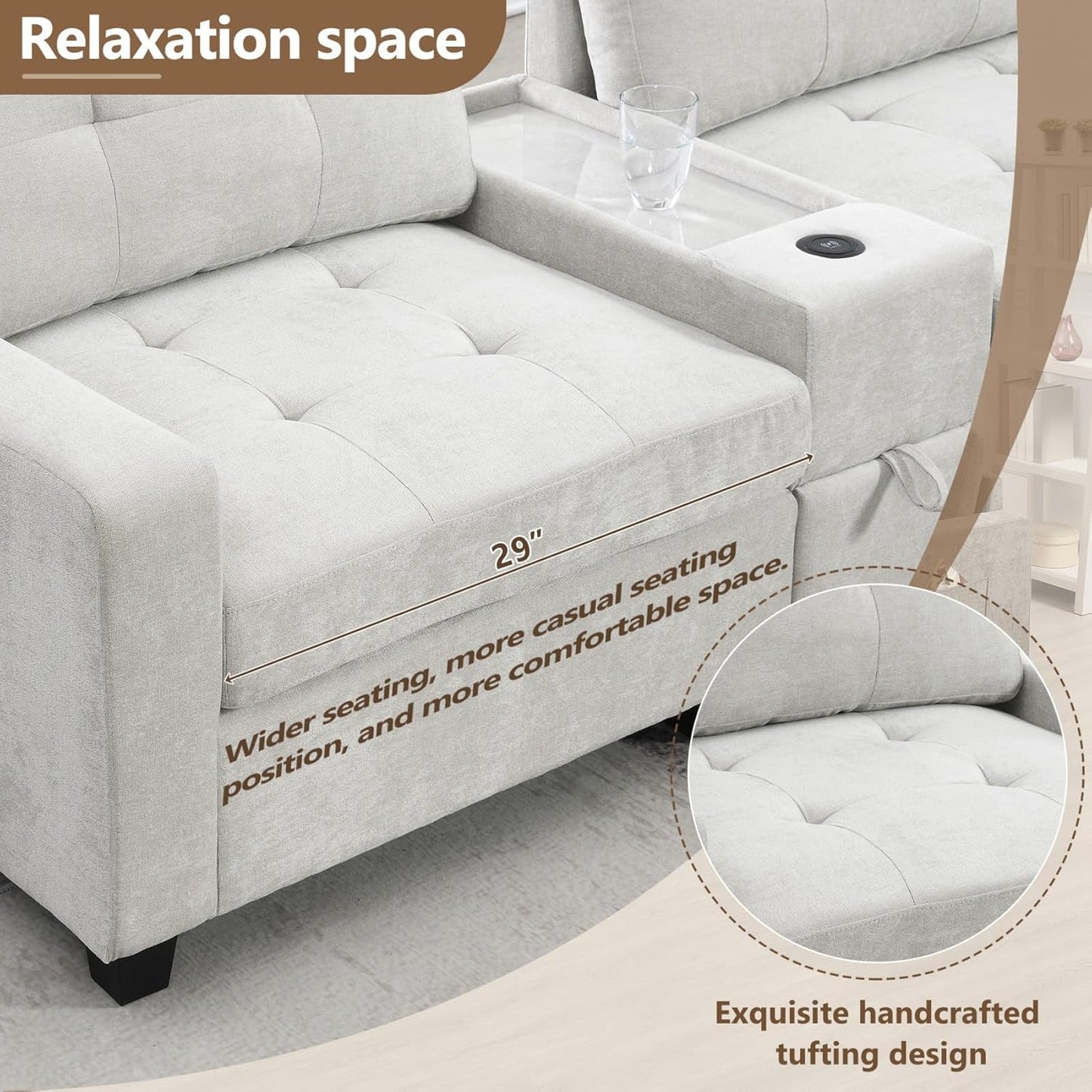 Merax 6 Seater Chenille Sectional Couches with 2 Acrylic Table Top Consoles, Upholstered Modular Tufted Sofa Chaise with Ottoman, Storage Drawers, Pockets, USB Charger & Cup Holders for Living Room