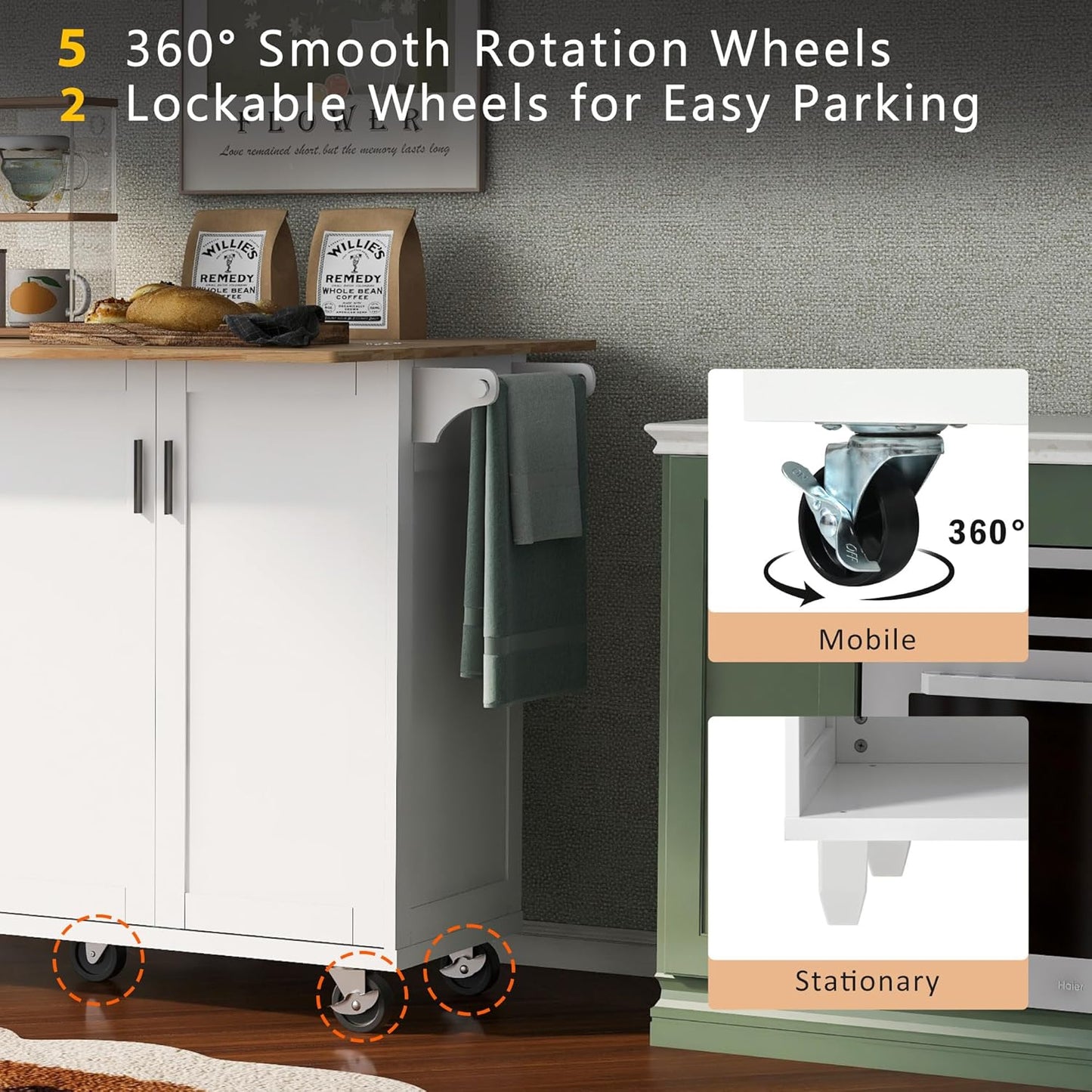 49" Foldable Kitchen Island Cart, White with Slide-Out Shelf, Towel Rack & Drawer, Rolling on Wheels, for Living & Dining Rooms