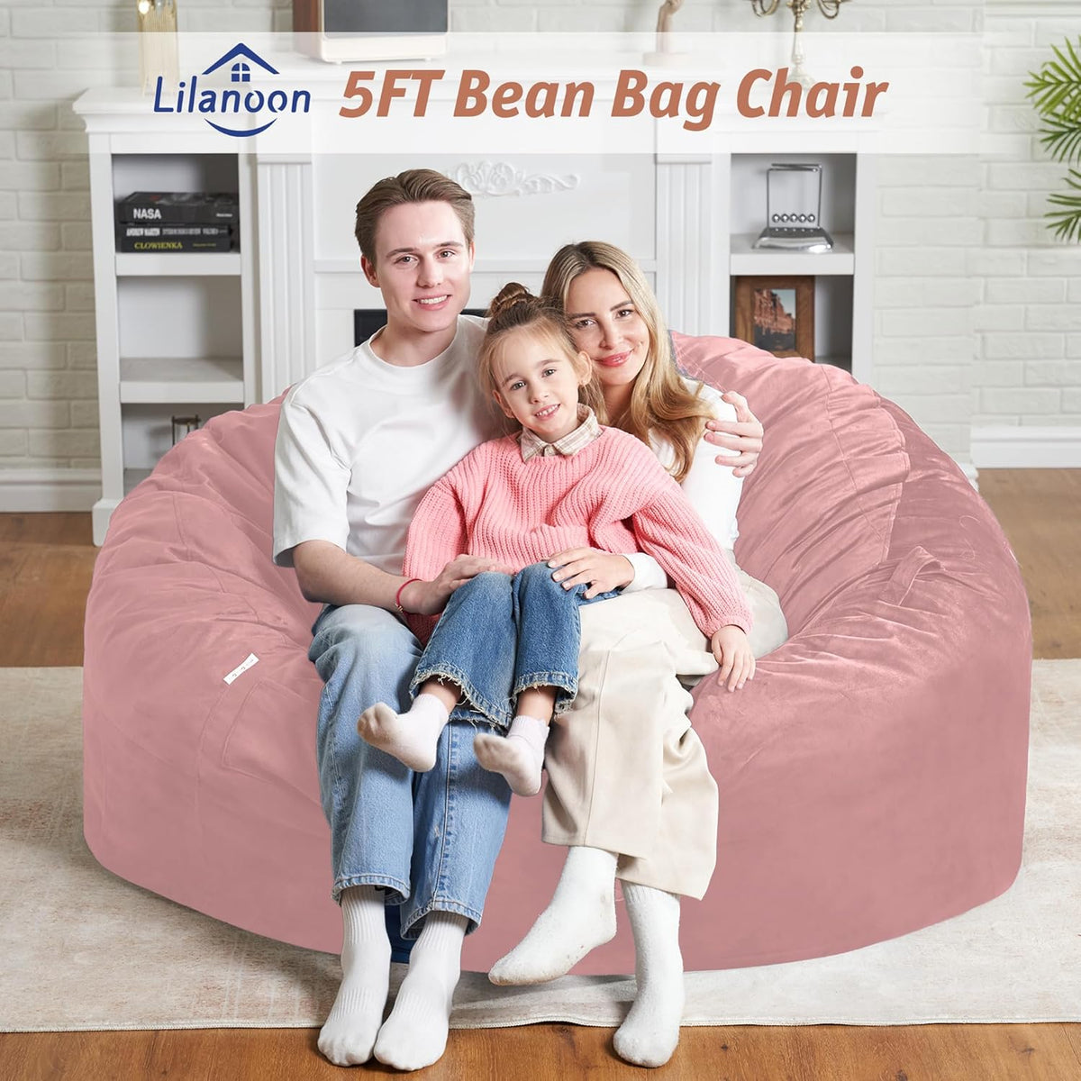 5FT Bean Bag Chair with Ultra Soft Velvet Cover Bean Bag Sofa with Memory Foam Bean Bag Chairs with Large Size Lazy Sofa for Dorm Office Living Room Bedroom Dusty Pink 5'