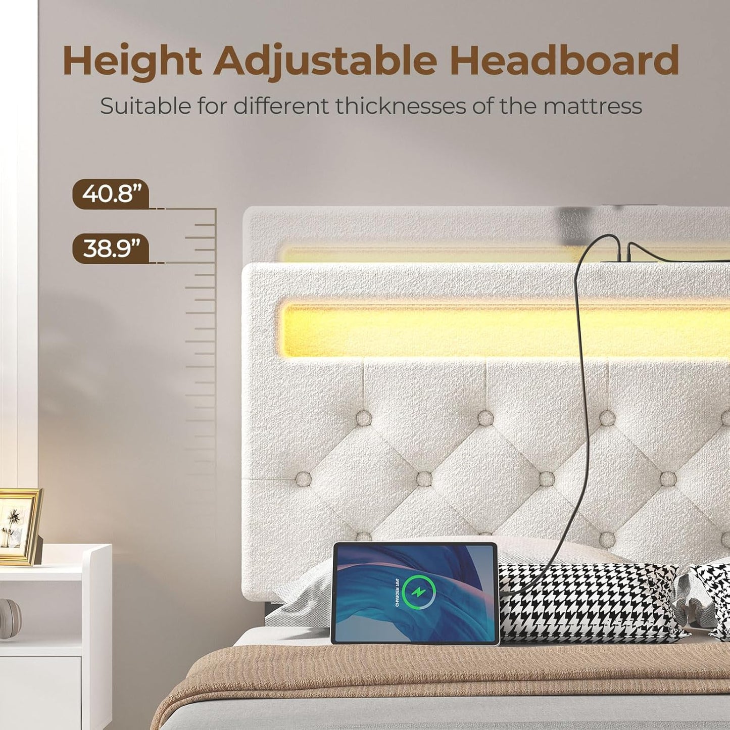 Rolanstar Queen Bed Frame with 4 Storage Drawers and Charging Station, Queen Bed with Led Lights, 2 USB & 1 Type C, Adjustable Headboard 38.9/40.10 Inches, No Box Spring Needed, White