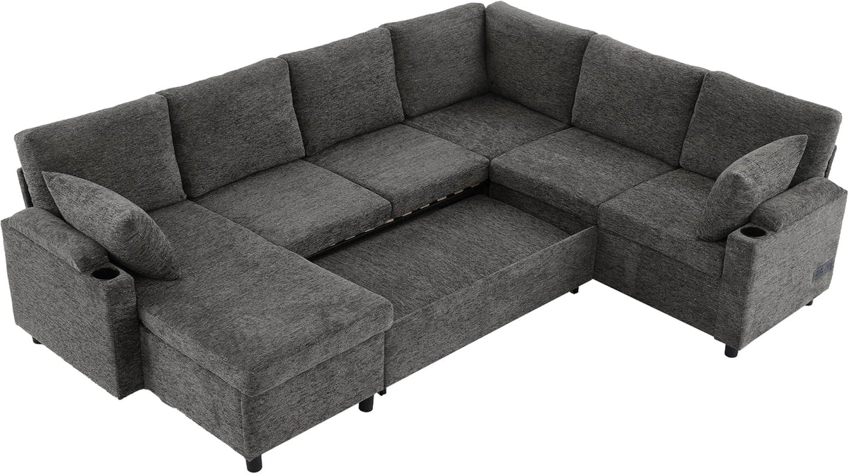 Eafurn Oversized U Shaped Sectional Sleeper Sofabed Pull Out Couch Bed for Living Room 6 Seater Upholstered Convertible Pullout Lounge Sofa Couch w/Storage Chaise, USB Ports for Living Room Apartment