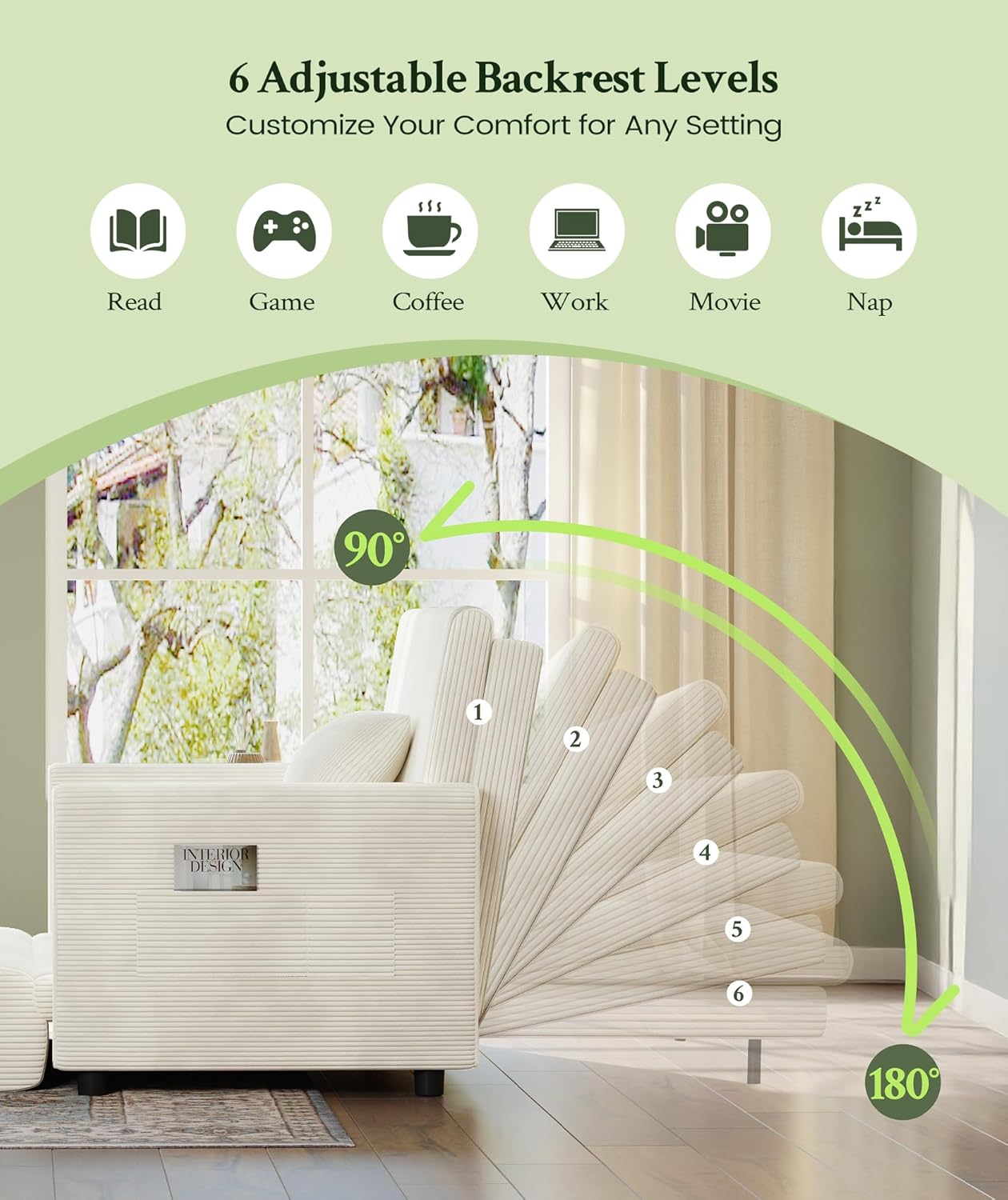 53” Convertible Sofa Bed Couch, Corduroy Couch Bed, 6-Position Loveseat Sleeper Sofa, Love Seat Sleeper Bed 23.6" Extra Deep Seat, Modern Couches for Living Room/Apartment/Home/Office, Beige