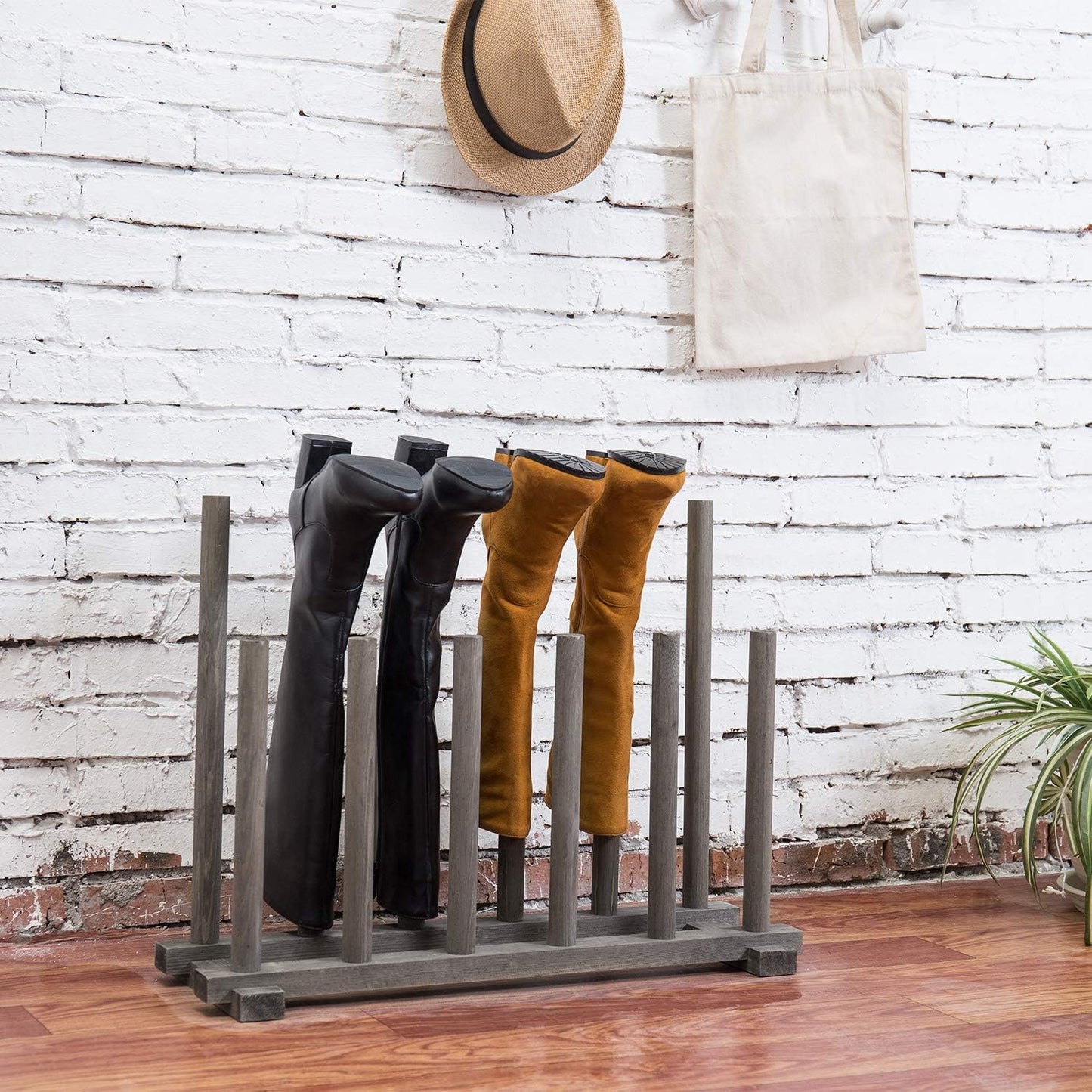 MyGift Vintage Weathered Gray Solid Wood Floor Standing Boot Holder Rack, Wooden Entryway Shoe Storage Organizer Stand Holds 6 Pairs of Tall and Short Boots
