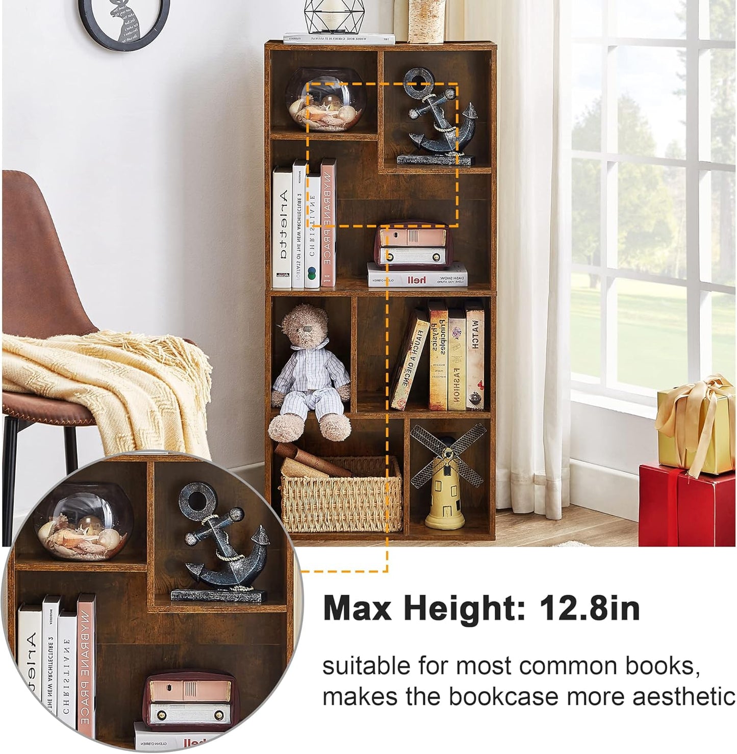 VECELO 42 Inch High Bookcase, 4-Tier Modern Storage Cabinet with Height Difference Shelves for Standard Textbooks, Floor Standing, 7 Cubes, Horizontal Available, Easy Assembly, Rustic Brown