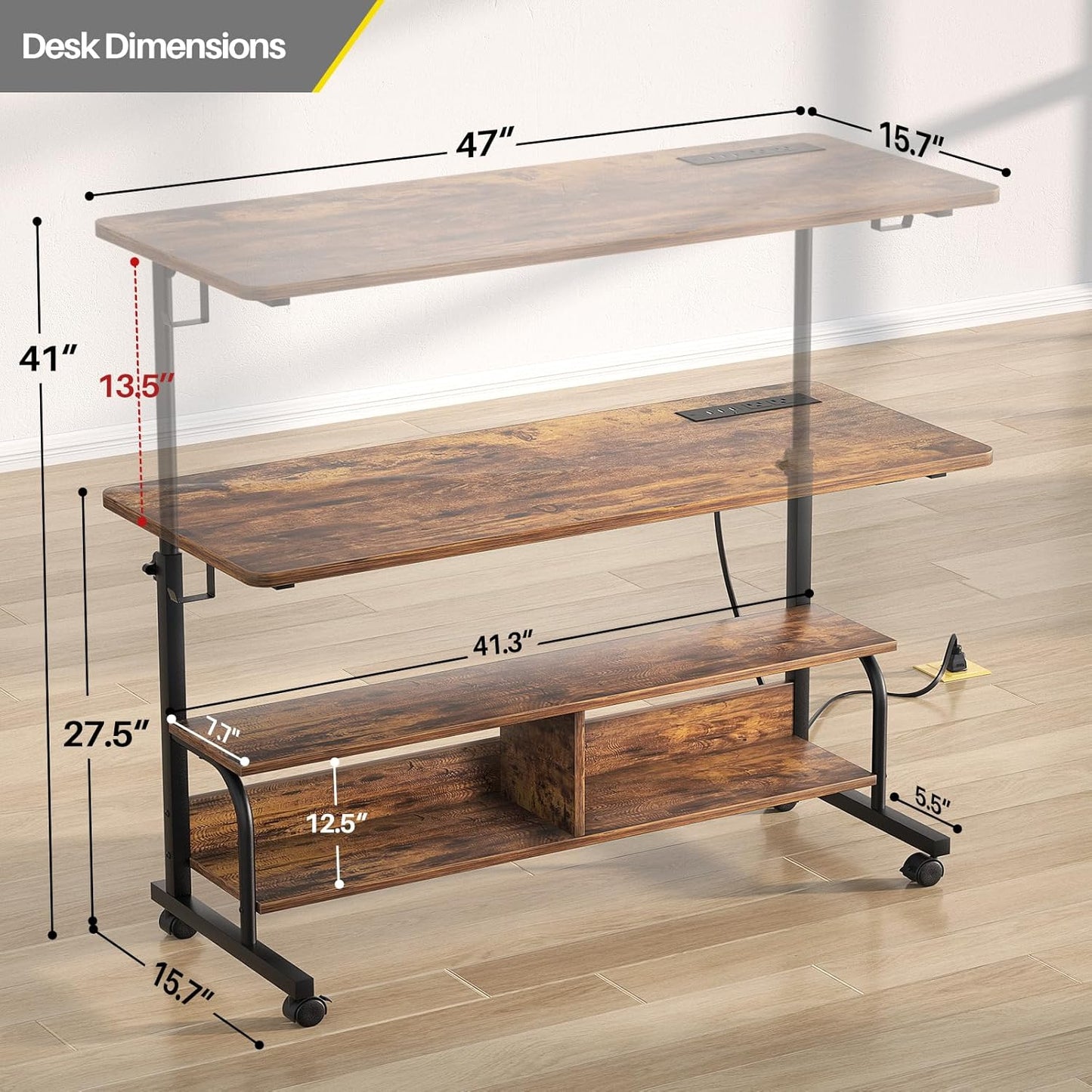 Armocity Height Adjustable Standing Desk with Power Outlets, 47" Manual Stand Up Desk with Storage Shelves Small Mobile Rolling Computer Desk Portable Laptop Table with Wheels for Home Office, Rustic