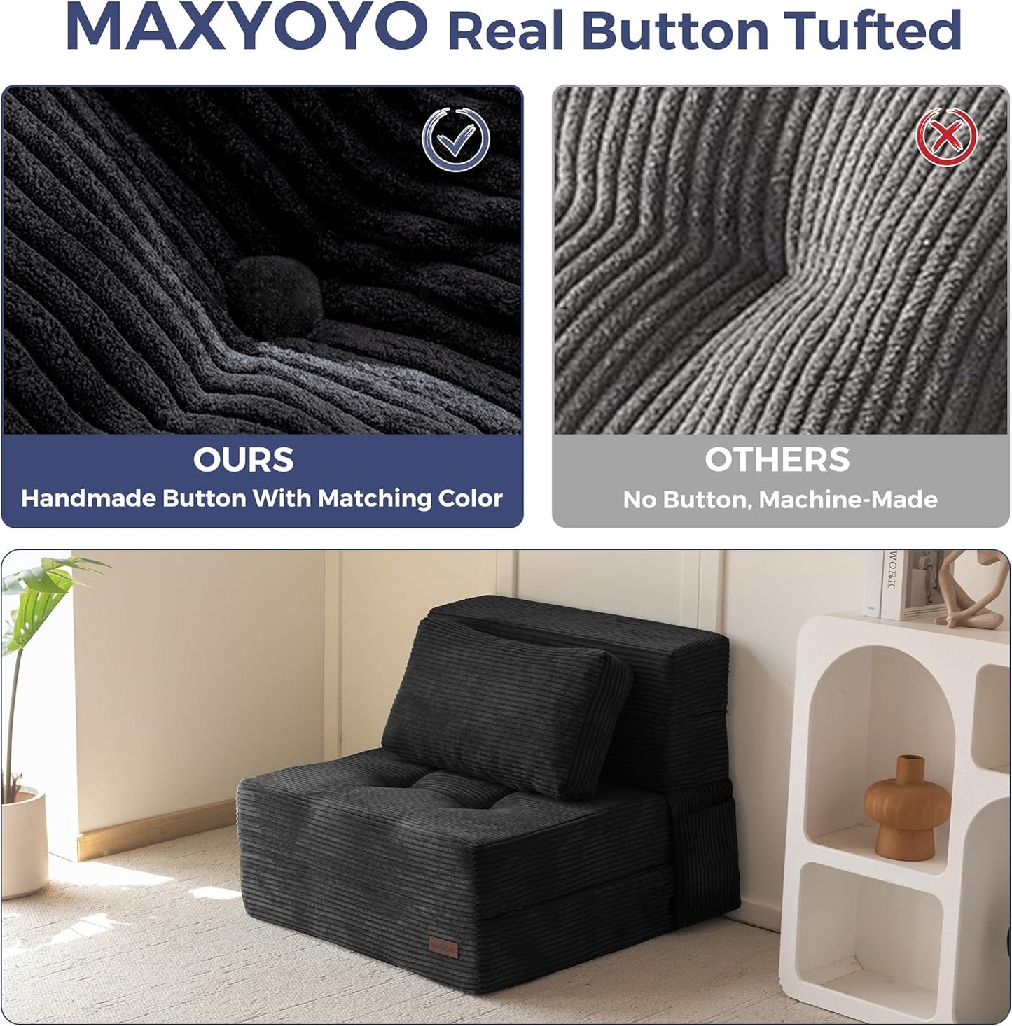 MAXYOYO Convertible Sofa Bed, Fold Out Single Sleeper Sofa with Pillow, 4 in 1 Tufted Folding Couch Bed Foam Floor Couch, Lazy Chair for Living Room Bedroom Guest Room, Black