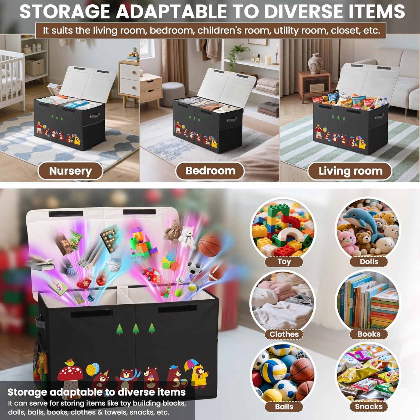 80L Large Toy Storage Box with Lid, Large Toy Box Chest for Kids, Girls and Boys, Nursery Room and Living Room, 26"x13" x16" (black-bear)