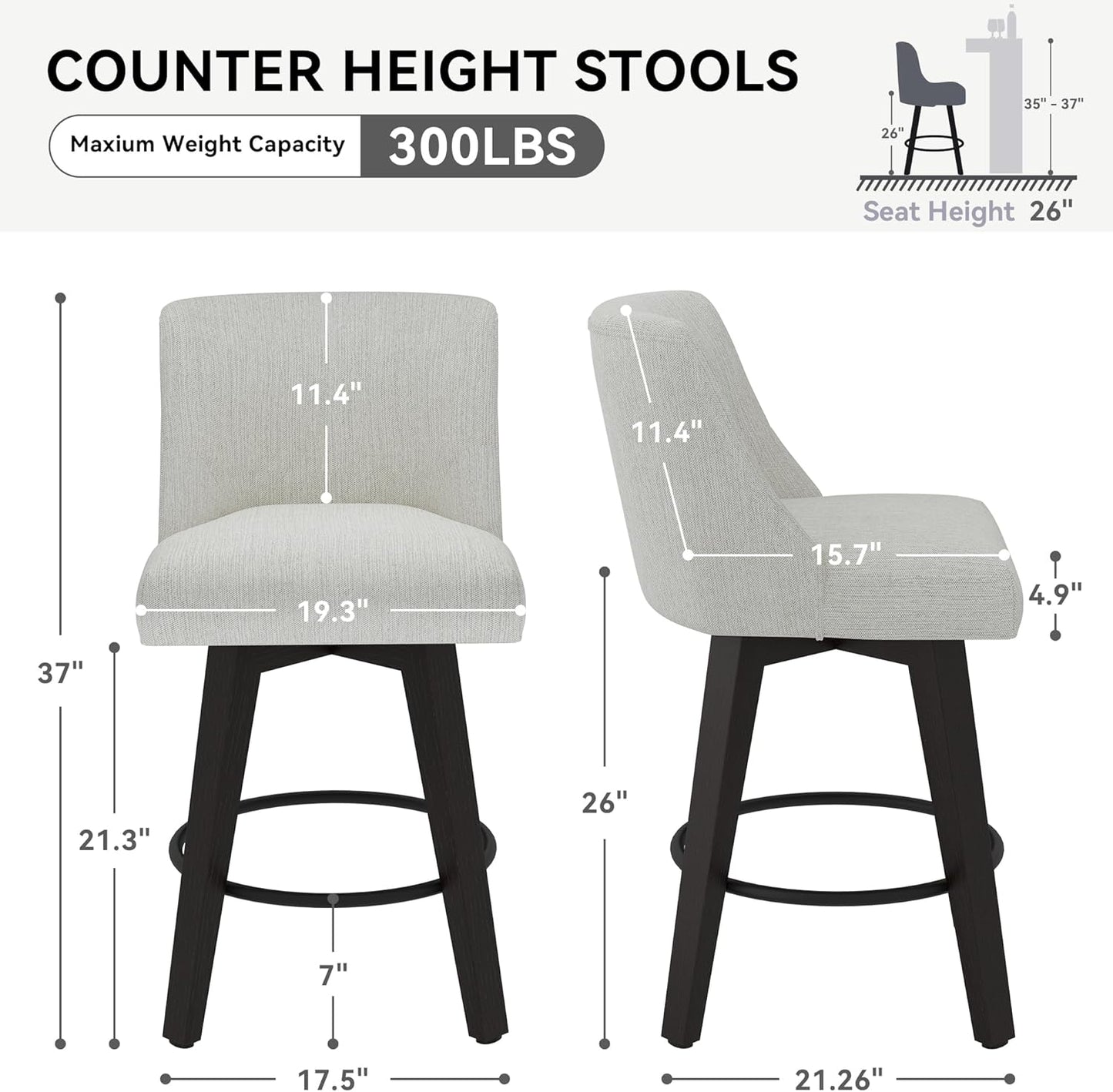 Counter Height Swivel Bar Stools Set of 6, 26 Inch Bar Stools with Footrest, Linen Fabric Upholstered Barstools with Back and Solid Wood Legs for Kitchen Island, Dining Room,Pub,White