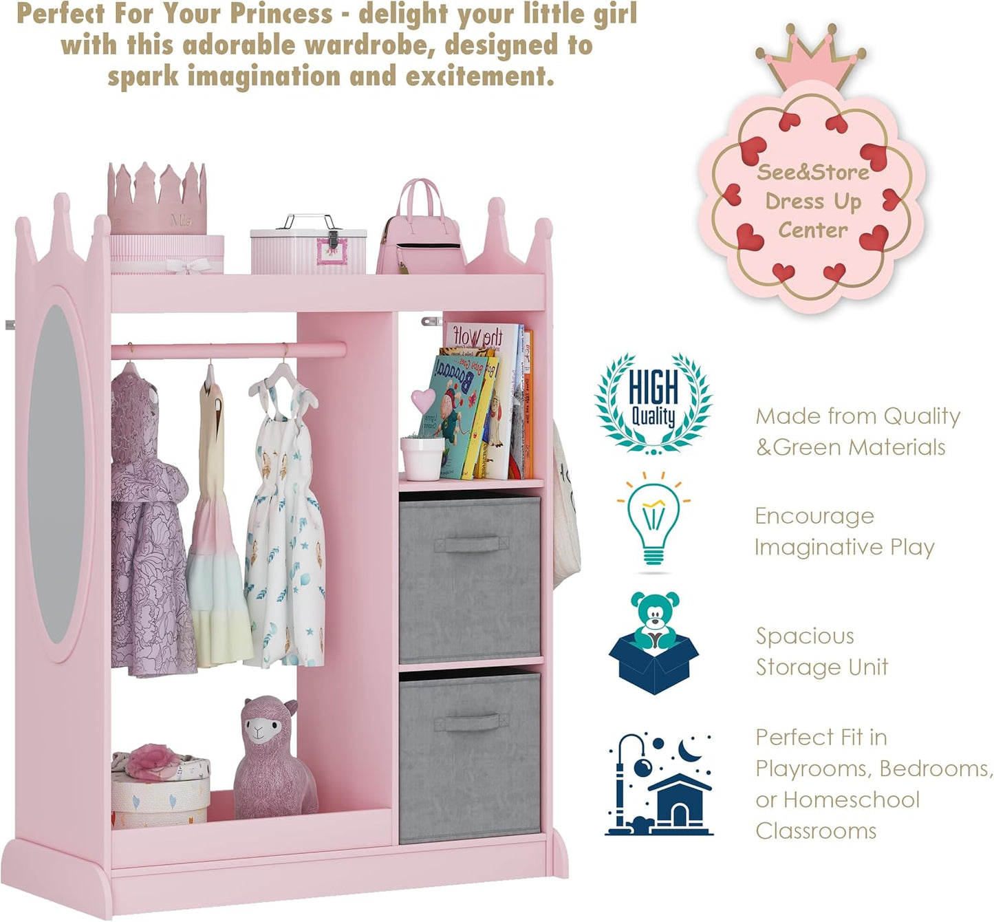 UTEX Kids Armoire Wardrobe Closet with Mirror and Storage Bin, Pink, 33.4 in W x 15.75 in D x 44.5 in H