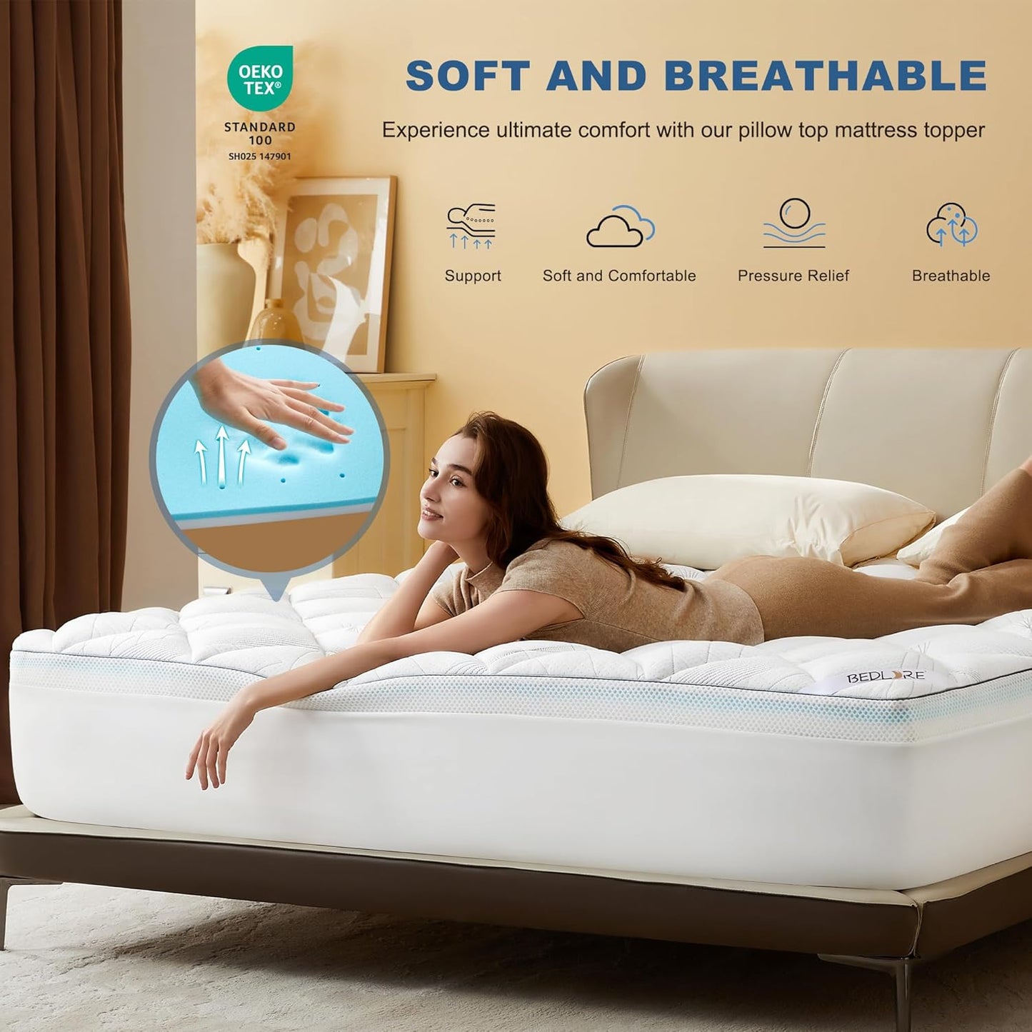 Bedlore 4-Inch California King Mattress Topper for Back Pain - Dual Layer Medium Support (2" Gel Memory Foam + 2" Cooling Fluffy Pillow Top Pad), Breathable & Pressure Relief (White)