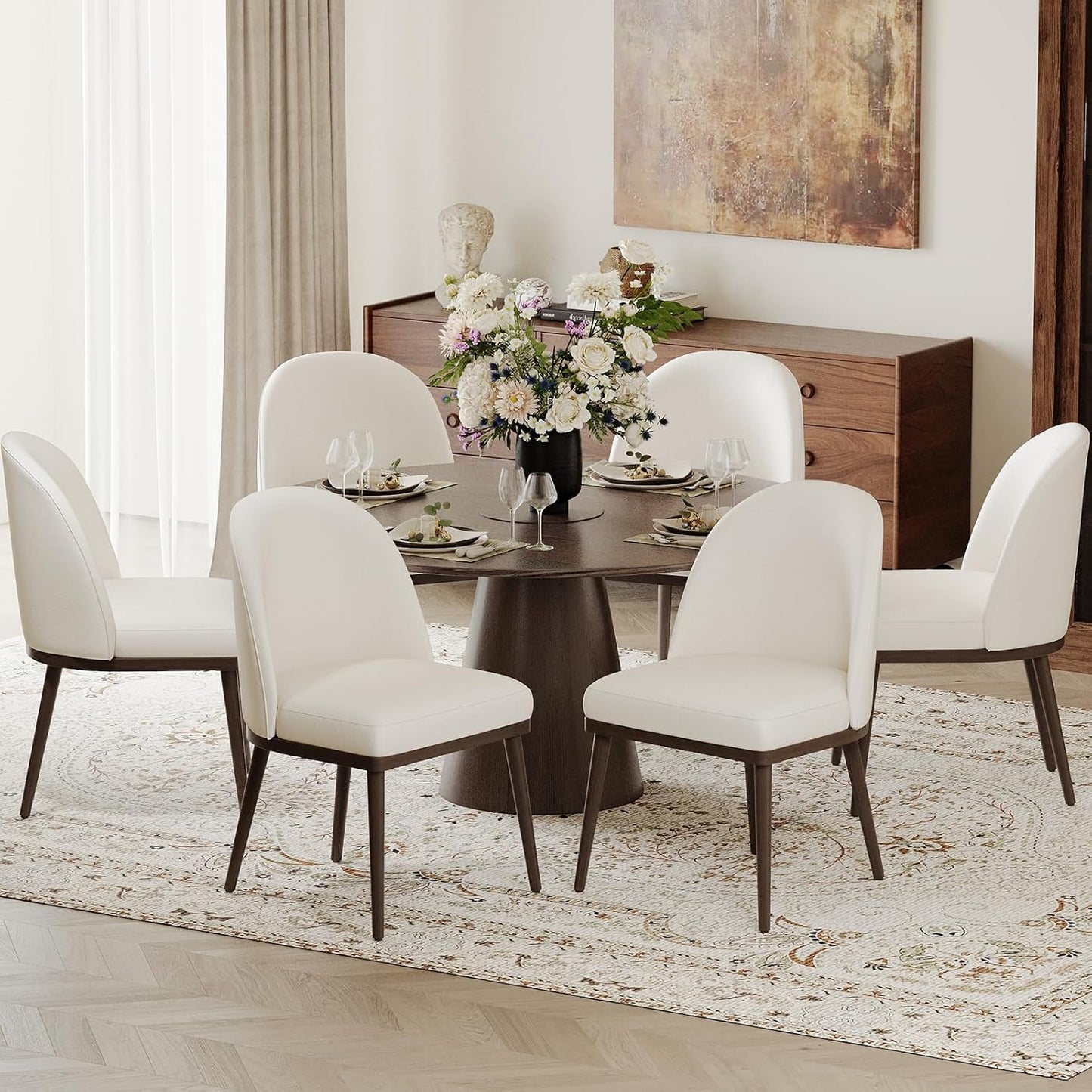 COLAMY Upholstered Dining Chairs Set of 6, Large Dining Room Kitchen Chairs with High Back and Deep Seat, Modern Fabric Dinner Chairs with Wood Legs, Beige