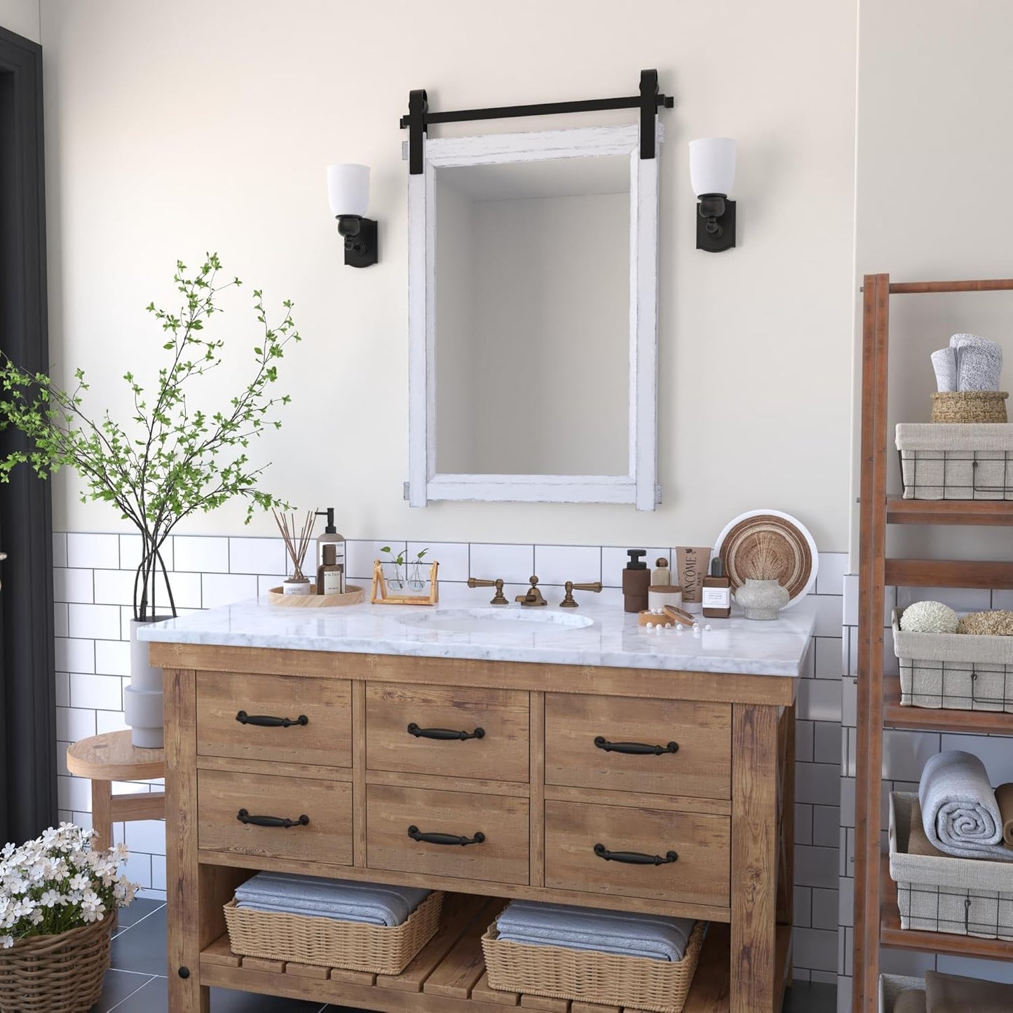 Rustic Barn Door Mirror: 24"x36" White Farmhouse Wood Frame - Wall Mirror for Entryway/Bathroom/Living Room Wall Decor