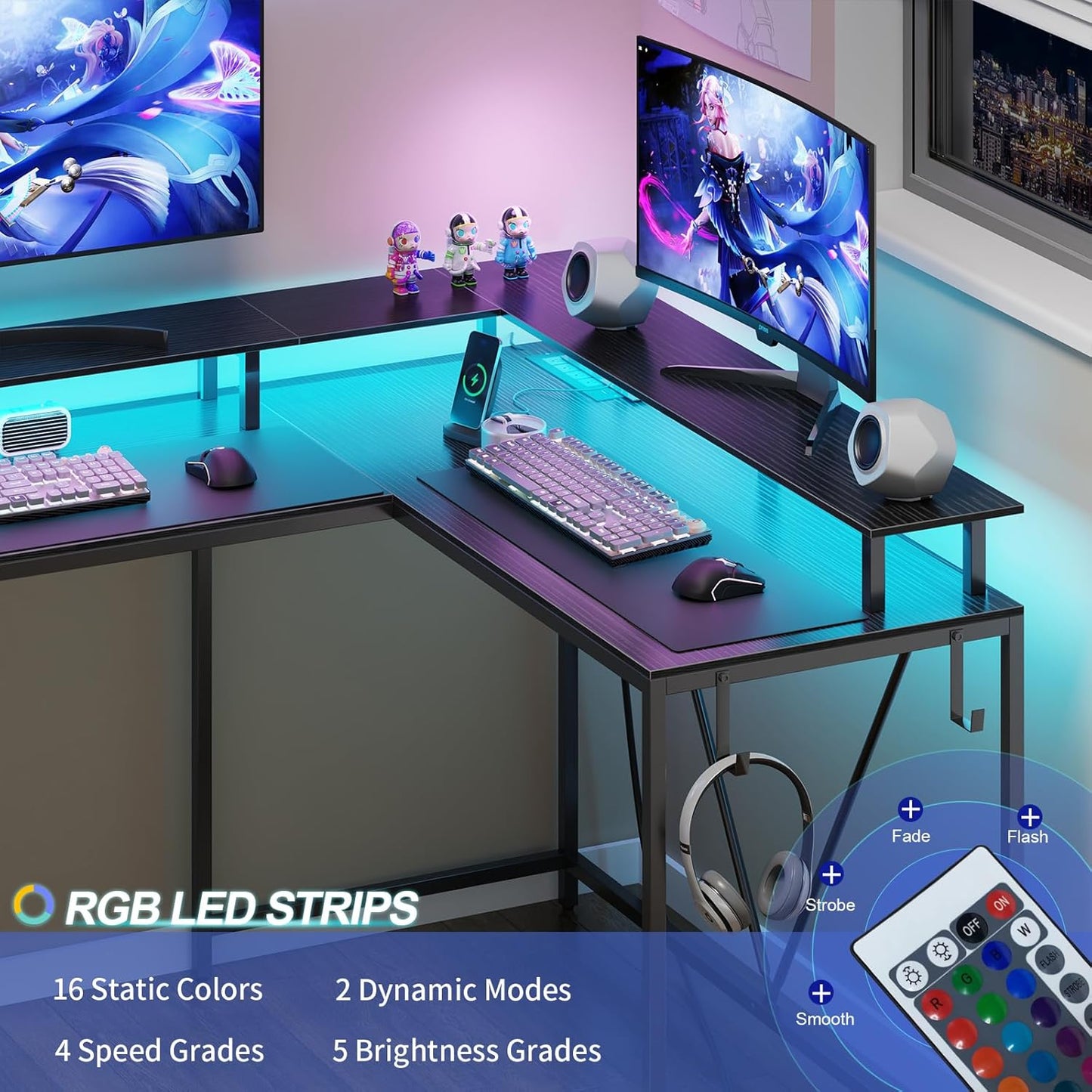53inch L Shaped Desk,L Shaped Gaming Desk with Power Outlets & LED Lights, Computer Desk with Monitor Stand & Storage Bag, Home Office Desk Corner Desk with Hooks, Easy to Assemble, Black