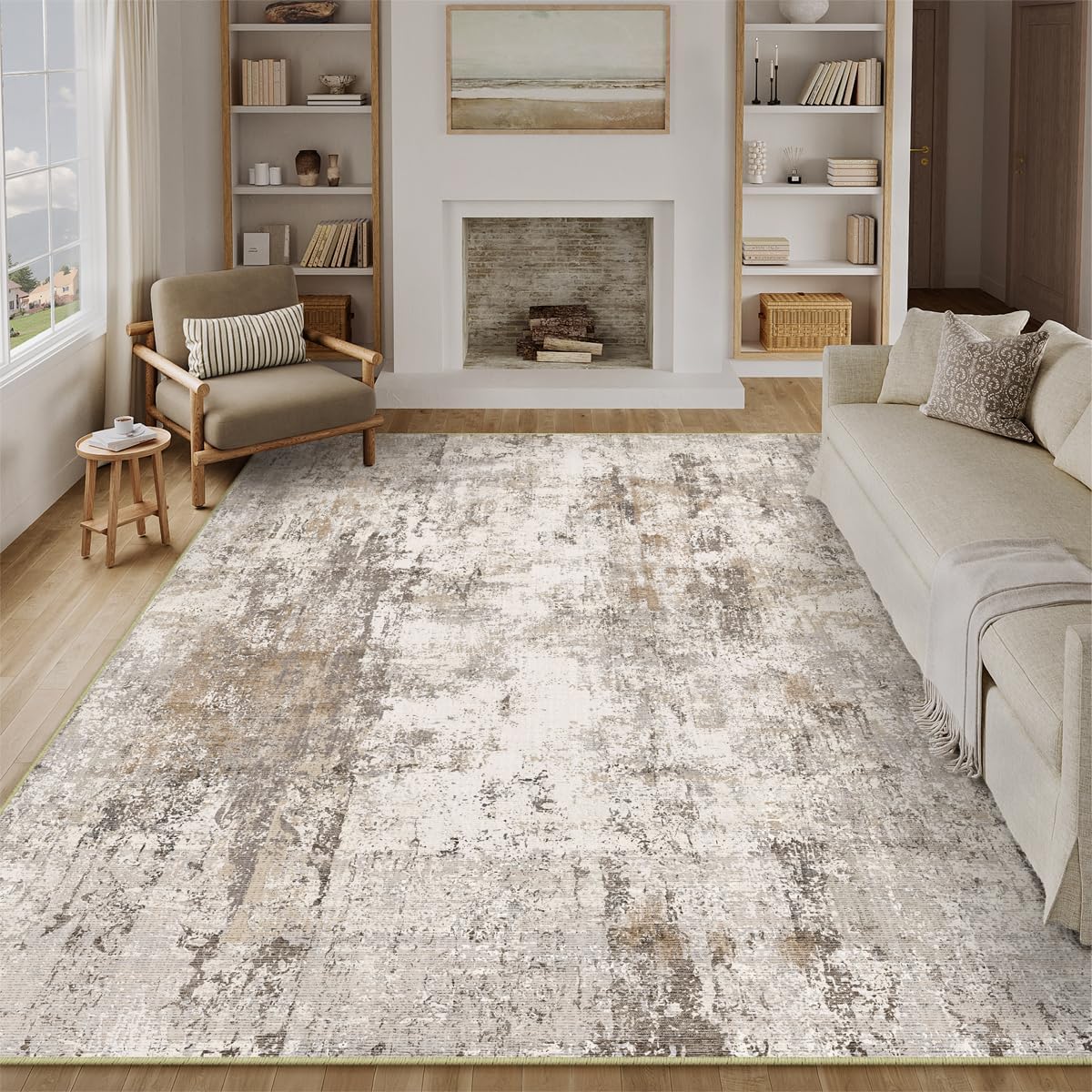 9x12 Washable Area Rug Brown Grey Neutral Abstract Living Room Bedroom Large Throw Rug Non Slip Soft Low Pile Indoor Floor Carpet for Dining Room Kitchen Office Entryway