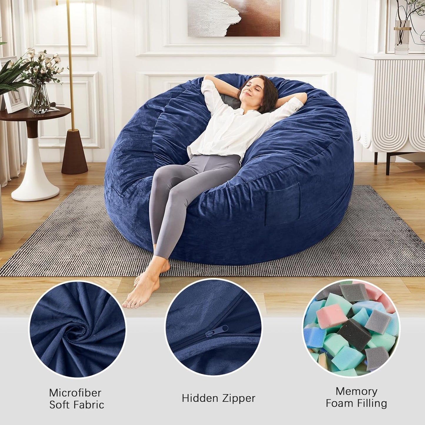Bean Bag Chairs for Adults - Giant Bean Bag Chair Convertible Bean Bag Bed - Beanbag Chair with Micro Fiber Cover/Furniture Foam Filler - Floor Couch Sofa in Bedroom Dorm Room - Full Navy Blue