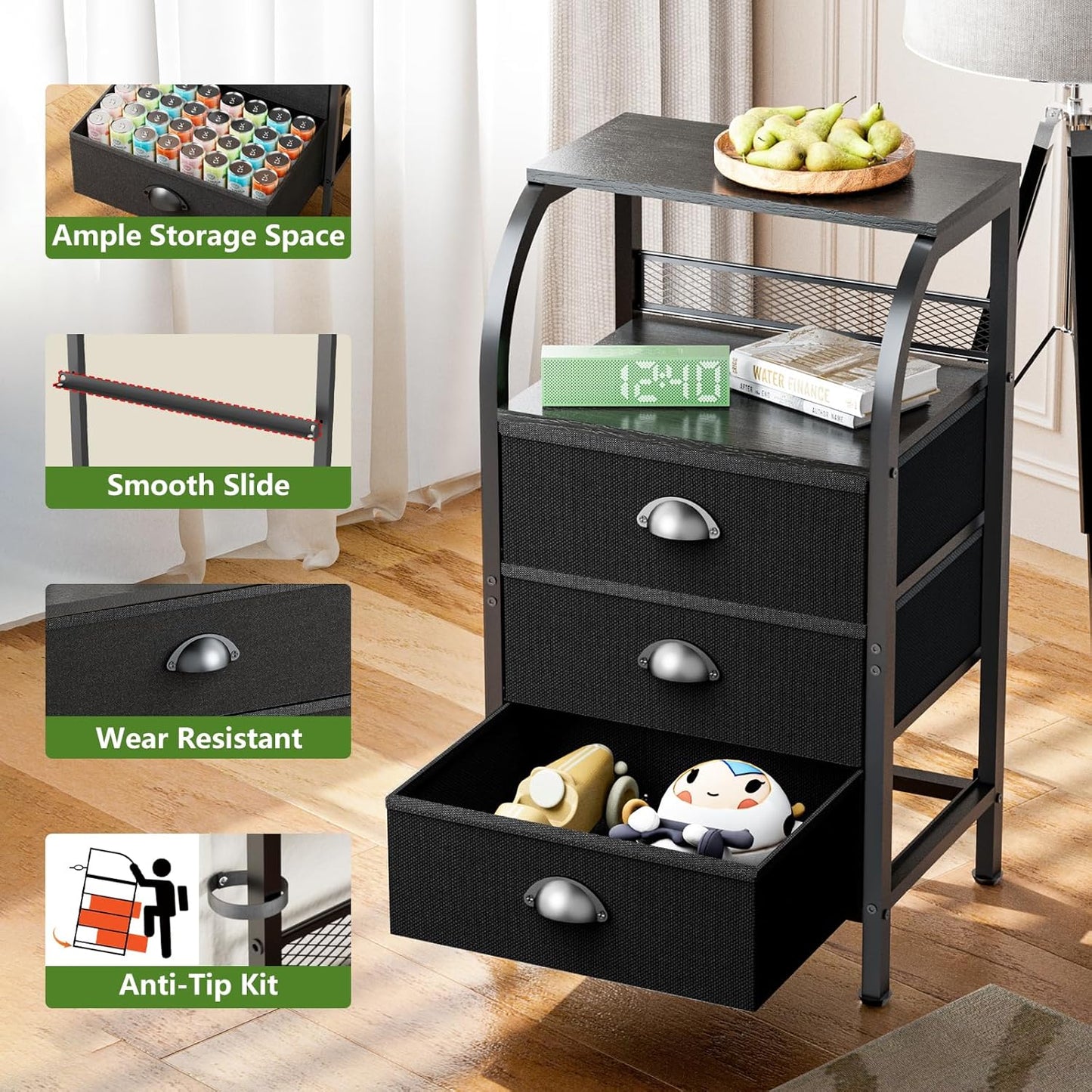 Night Stand Nightstand with Drawer Black Nightstands Storage Night Stands 3 Drawers Bedside Dressers Table Open Shelves Bed Side End Tables for Bedroom Living Room Furniture Small Table Fabric Cabinet