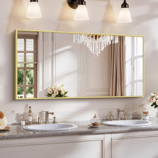YIROMAN Bathroom Mirror 48"x24", Large Brushed Gold Bathroom Mirror for Over Sink with Aluminum Frame, Rectangular Vanity Mirror with Right Angle, Wall Mirror Hangs Horizontal or Vertical