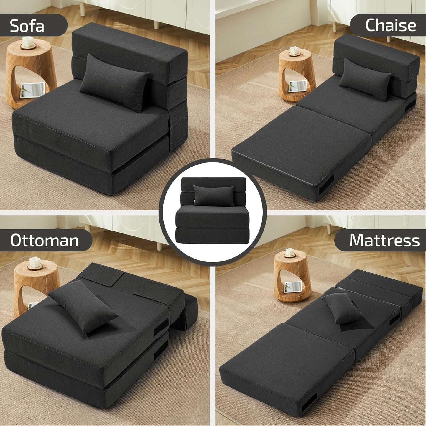 Folding Sofa Bed with Pillow- Convertible Chair Floor Couch & Sleeping Mattress, Foldable Memory Foam Sleeper for Living Room/Dorm/Guest Room/Home Office/Apartment/Loft, Single28, Dark Gray