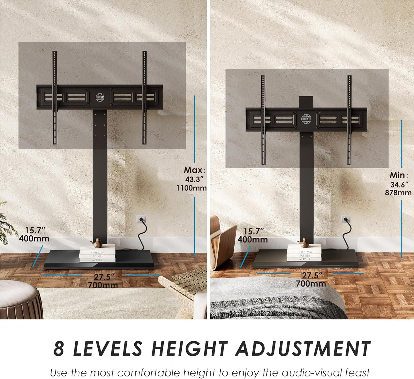 FITUEYES Iron Base Floor TV Stand with Power Strip, Tall TV Stand with Swivel Mount for 50-85 Inch Plasma Flat Panel or Curved Screen TVs Height Adjustable Wire Management MAX VESA 800x400 mm