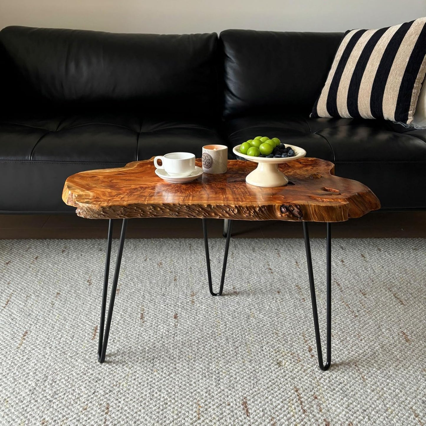 Live Edge Coffee Table, Natural Wood Coffee Table for Living Room, Natural Fir Unique Desktop with Metal Hairpin Legs (Large)