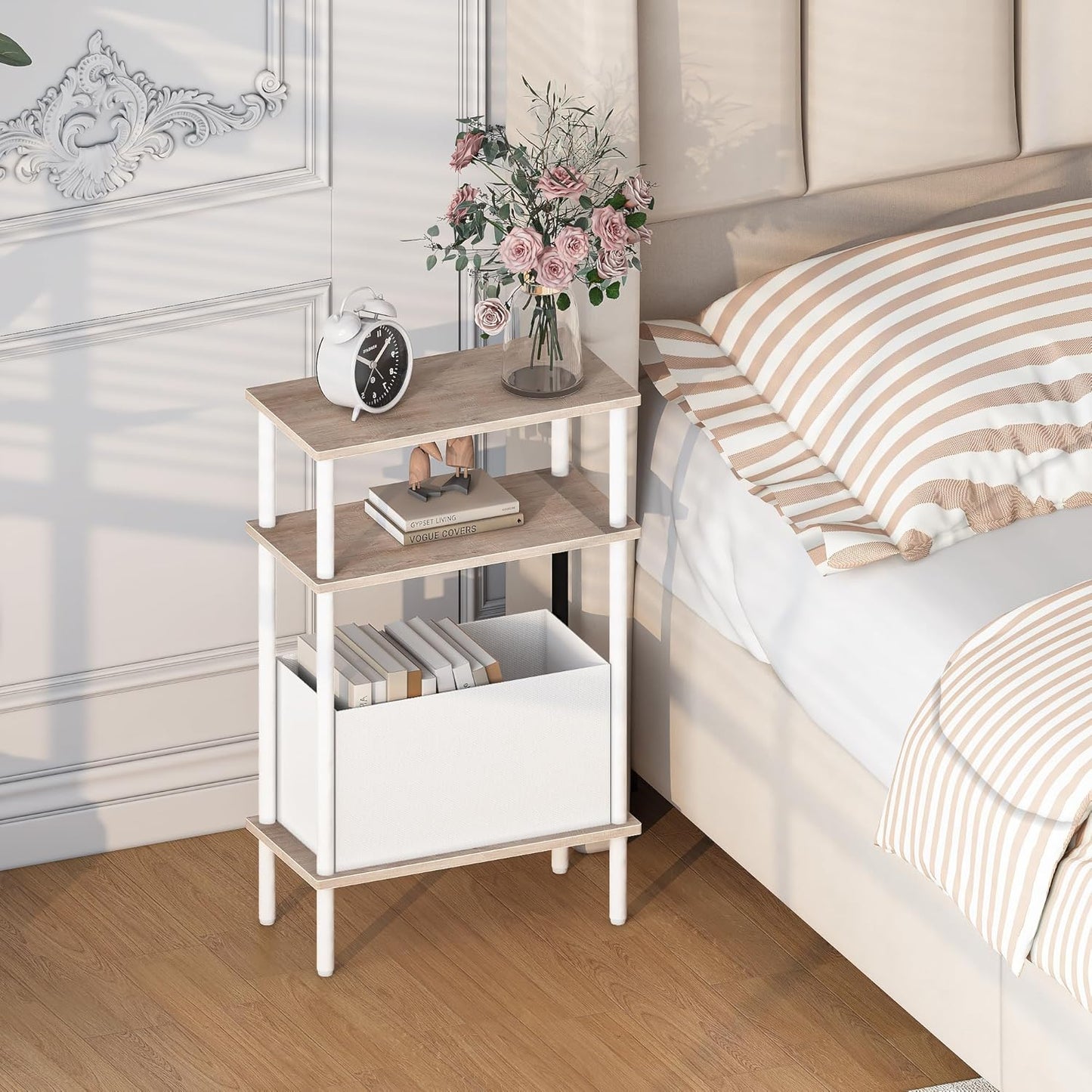 Narrow Side Table with Fabric Basket, Set of 2 End Table for Small Spaces, Slim Nightstand with 3-Tier Storage Shelf, Sofa Beside Table, for Living Room, Bed Room, Natrual Oak