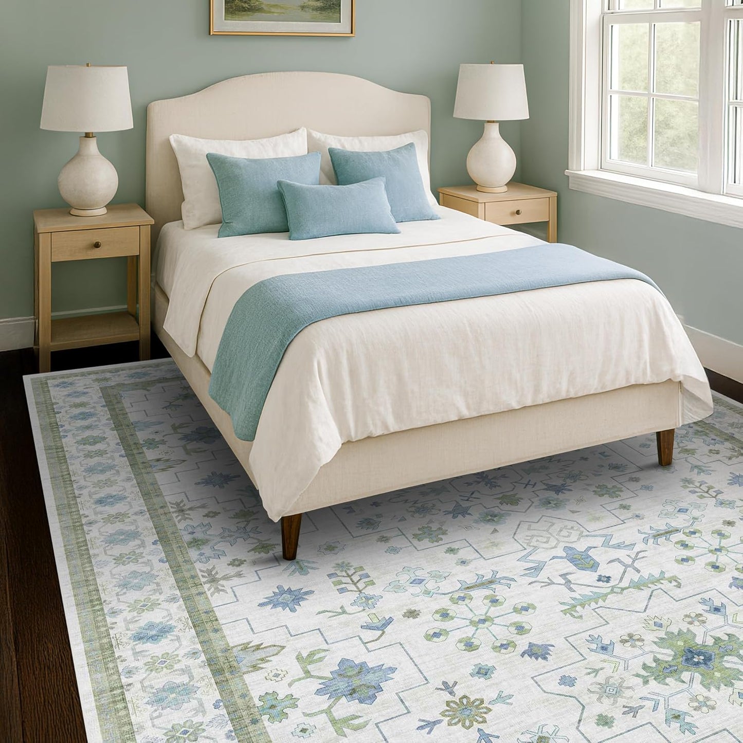Blue and Green Living Room Rug 8x10 - Cream Oushak Vintage Boho Floral Farmhouse, Washable Low Pile Non-Slip Extra Large Area Rugs for Bedroom, Girls, Boys, Playroom, Lounge