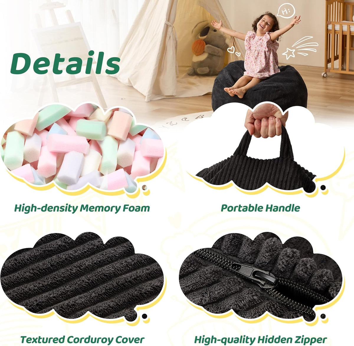 Bean Bag Chairs Teardrop Bean Bag Chair Beanbag Chair with Memory Foam Filled Machine Washable Cover for Living Room, Bedroom (Small,Black)