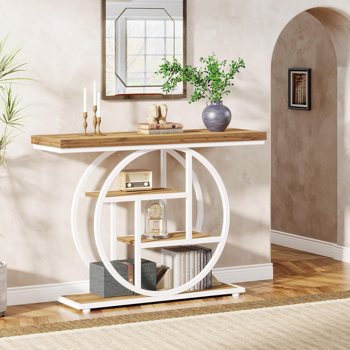 Tribesigns 41.3" Console Table, Industrial 4-Tier Sofa Table Entryway Table with Circle Base, Narrow Wood Accent Tables with Storage Shelves for Living Room, Hallway, Foyer, Brown White