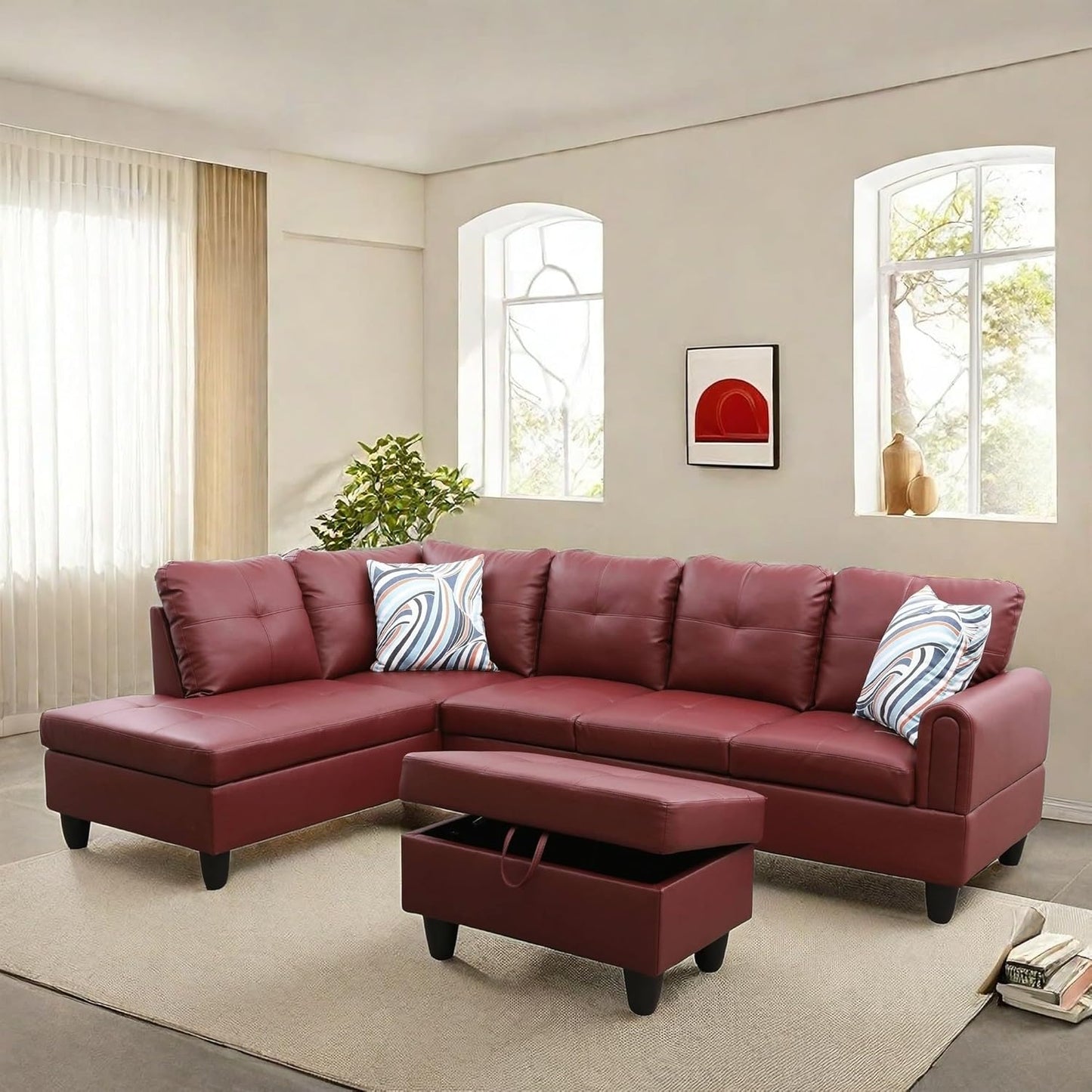 NAYSAYE Sectional Couch with Ottoman Storage, L Shaped Couch Sofa Furniture Sets, Modern Comfy Modular Comfy Sofa for Living Room Bedroom, Office and Apartment, Red