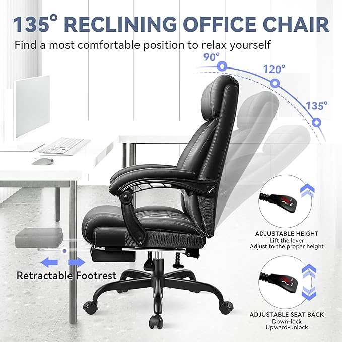 Office Chair, Big and Tall Office Desk Chair, Reclining Office Chair with Footrest Home Office Desk Chairs, High Back Ergonomic with Lumbar Support, Executive Leather