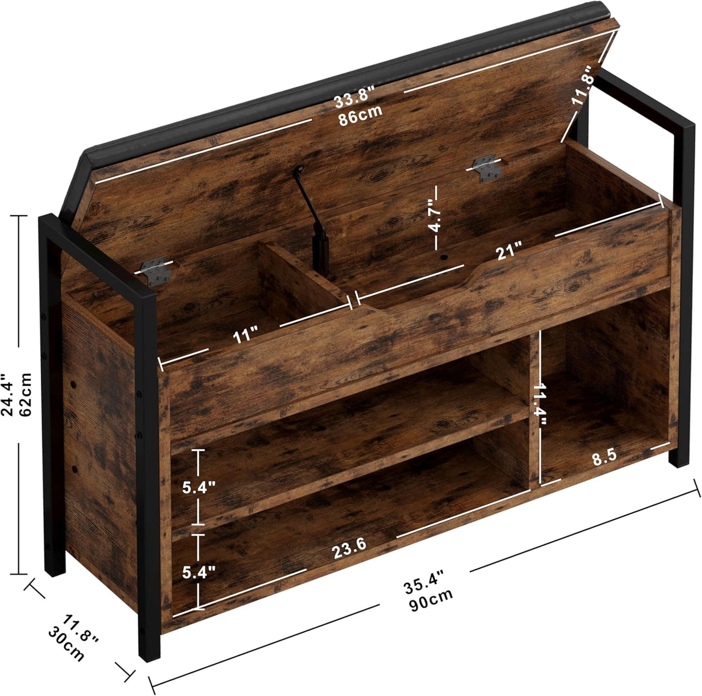 IRONCK Shoe Storage Bench, Entryway Bench with Lift Top Storage Box, Metal and Board Bench for Entryway, Two Tier Shoe Rack Organizer for Entryway, Hallway, Industrial, Vintage Brown