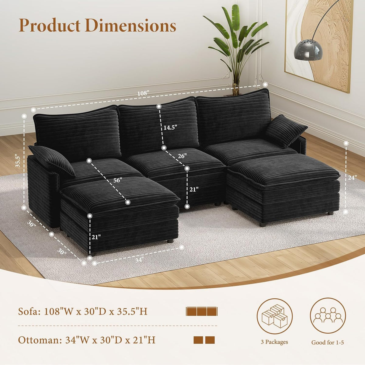 Vesgantti 108" U Shaped Sectional Couch, Comfy Cloud Modular Sectional Sofa with 2 Ottoman Deep Seat Corduroy Modern Cloud Sofa, Modular Sofas for Living Room, Bedroom and Apartment, Gray