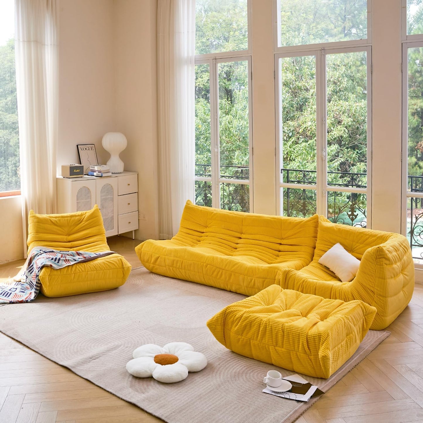 N&V Fireside Three Seater Sofa, Mid Century Armless Twin Size Floor Sofa, Soft Premium Corduroy Floor Lounge Chair, Foam Sofa Accent Chair for Living Room, Bedroom (Tuscany)