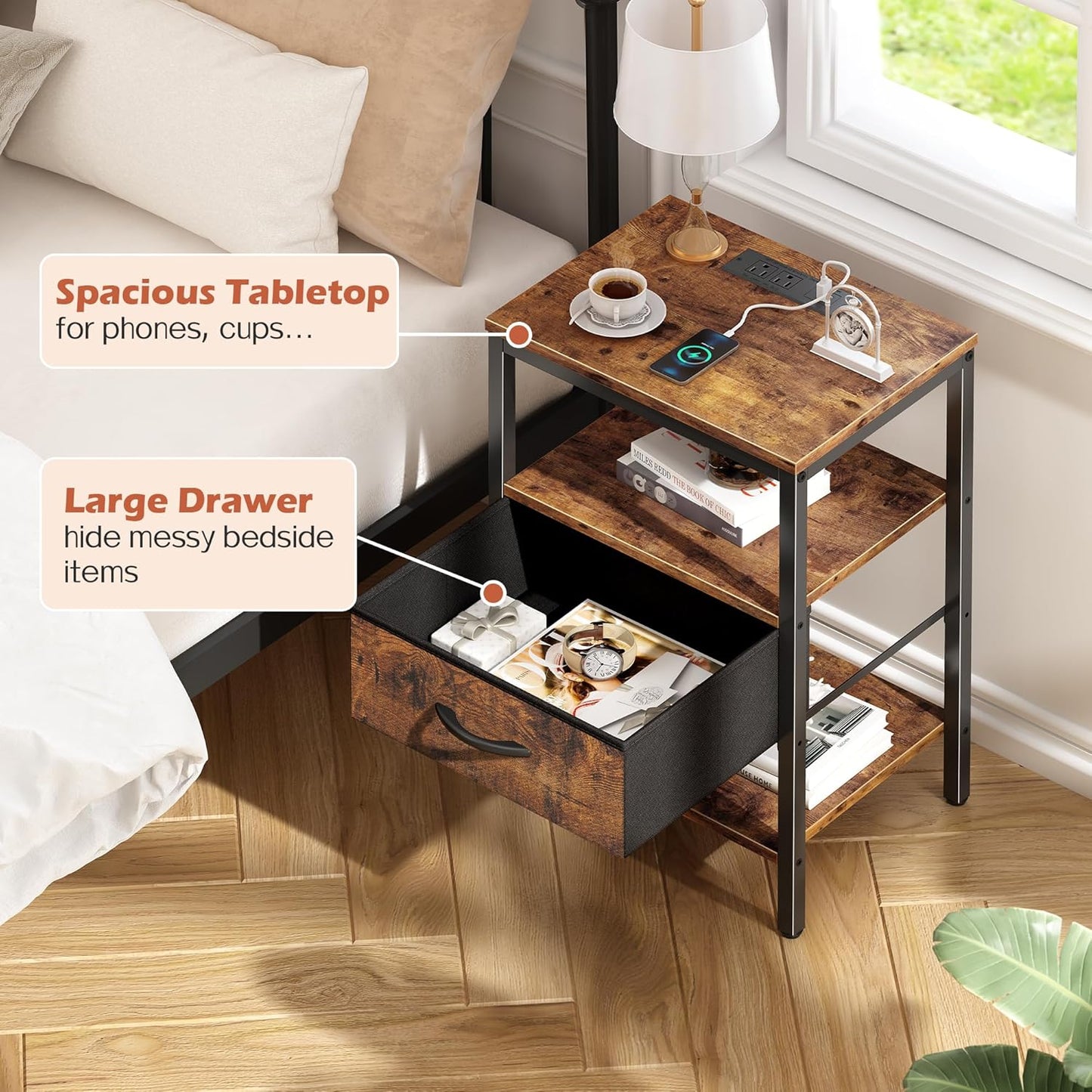 SUPERJARE Nightstand with Charging Station, Bed Side Table with Adjustable Fabric Drawer, Night Stand for Bedroom, 3-Tier Storage End Table, for Living Room, Rustic Brown