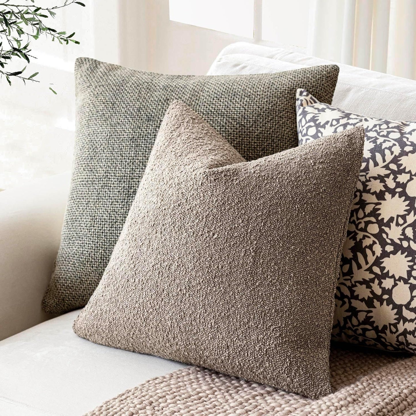 Foindtower Set of 2, Decorative Textured Boucle Throw Pillow Covers Accent Solid Pillow Cases Neutral Soft Cozy Couch Cushion Case for Chair Sofa Bedroom Living Room Home Decor 26x26 Inch Light Taupe