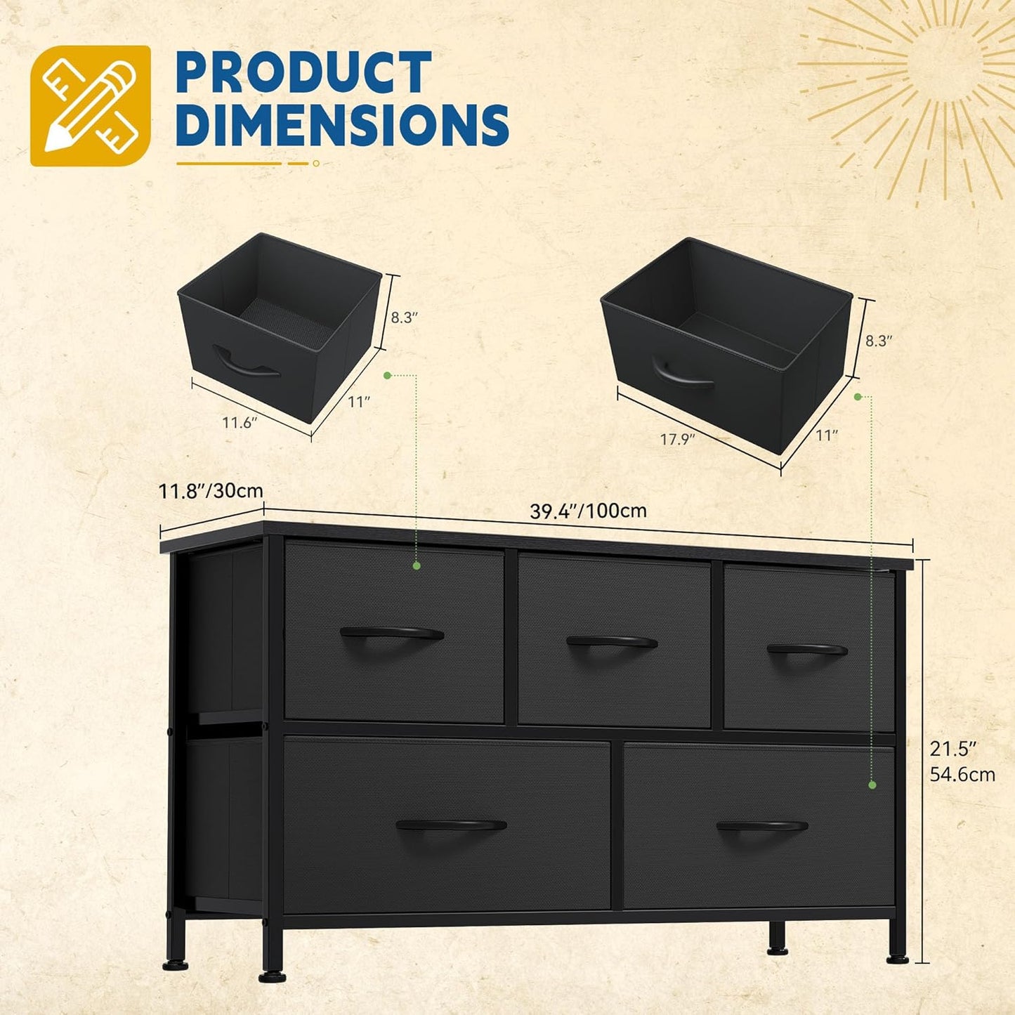 DWVO Dresser with 5 Drawers - Fabric Storage Tower, Organizer Unit for Bedroom, Living Room, Closets - Sturdy Steel Frame, Wooden Top (Black)