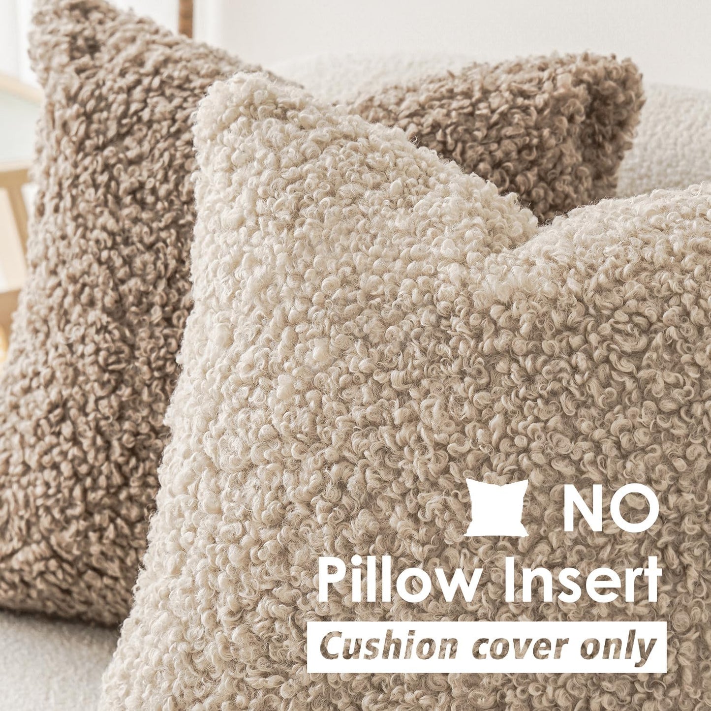 Foindtower 2 Pieces 24x24 Inch Light Khaki, 100% Polyester Throw Pillow Cover Accent Sherpa Pillow Fuzzy Soft Pillowcases Sheepskin Decorative Fleece Cushion Case for Bed Couch Living Room