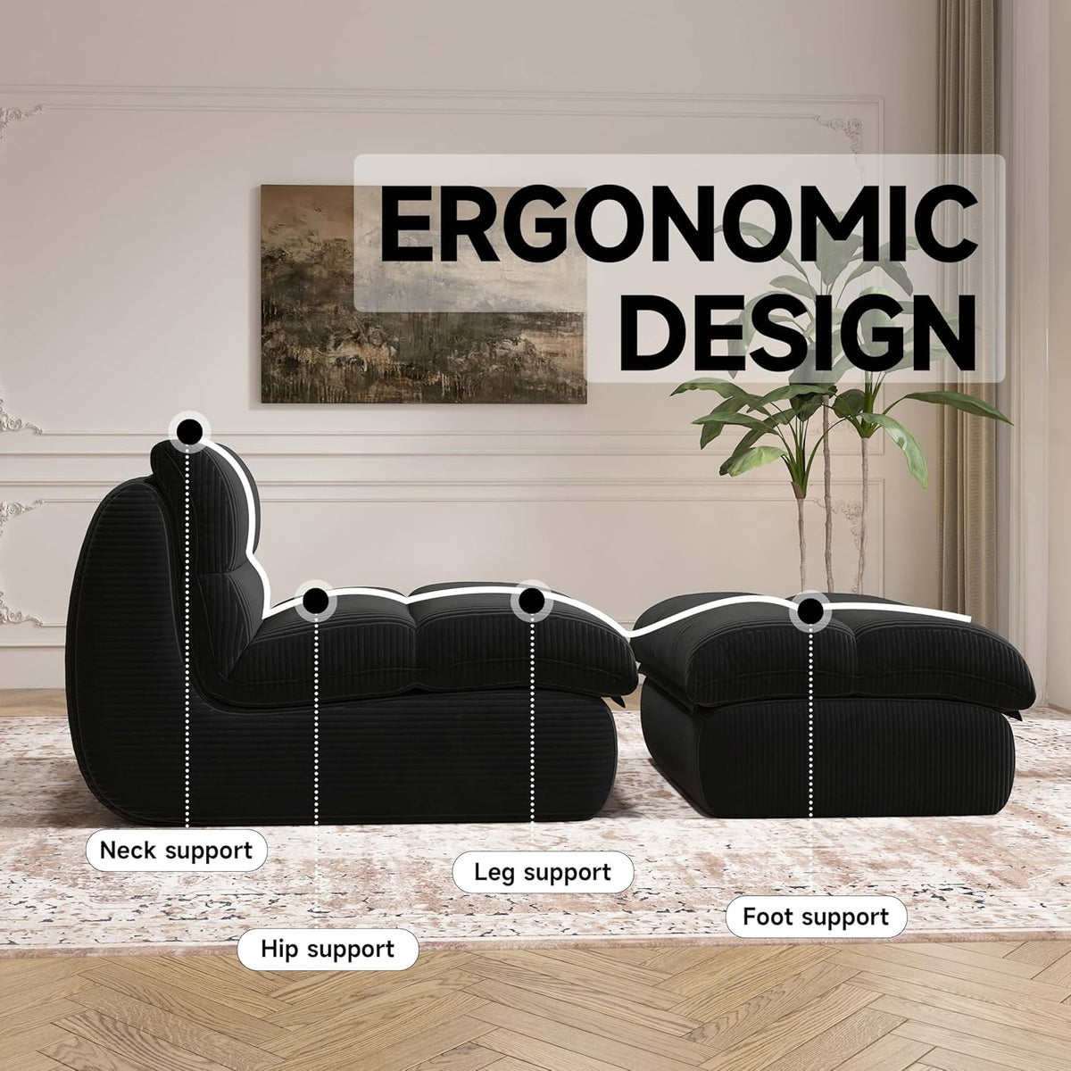 Bean Bag Chair with Ottoman, Cozy Comfy Reading Nook Chairs, Ultra Soft Corduroy Fabric Bean Bag Chairs for Adults, Reading Chair with Ottoman for Living Room, Bedroom Apartment (Black)