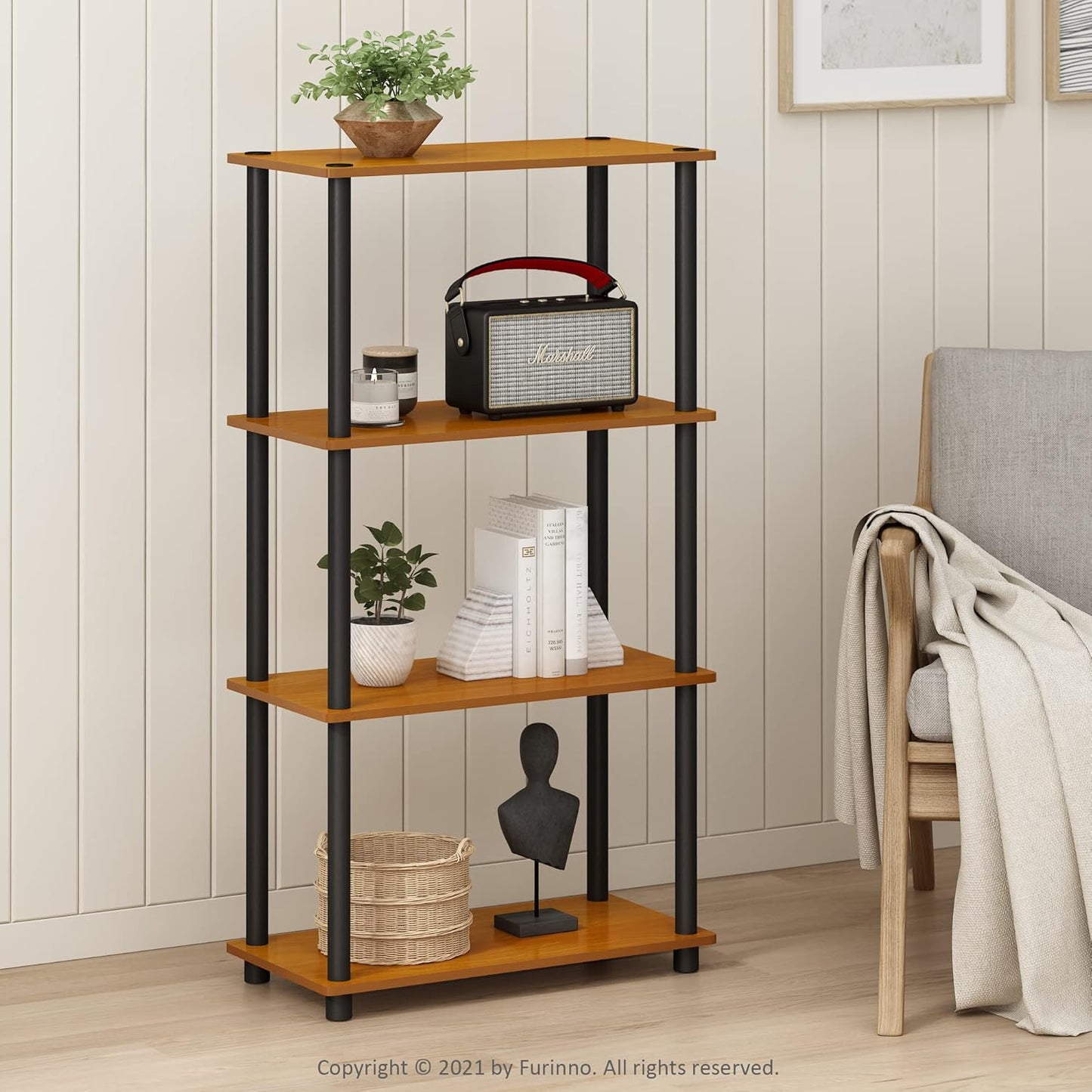 Furinno (99557LC/BK) Turn-N-Tube 4-Tier Multipurpose Shelf Display Rack - Light Cherry/Black