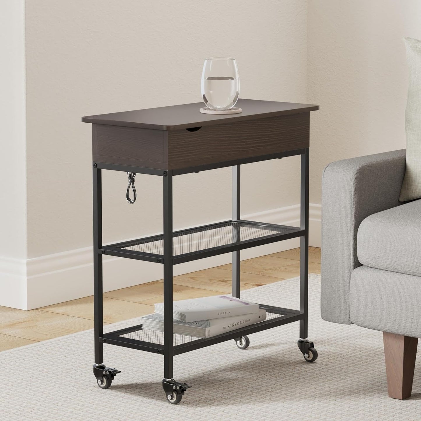 Hadulcet End Table with Charging Station & Rotating Top, Couch End Table, Rotating Swivel Top Side Table for Living Room & Bedroom, Narrow Rolling Side Table on Wheels, Skinny Nightstand, Black Walnut