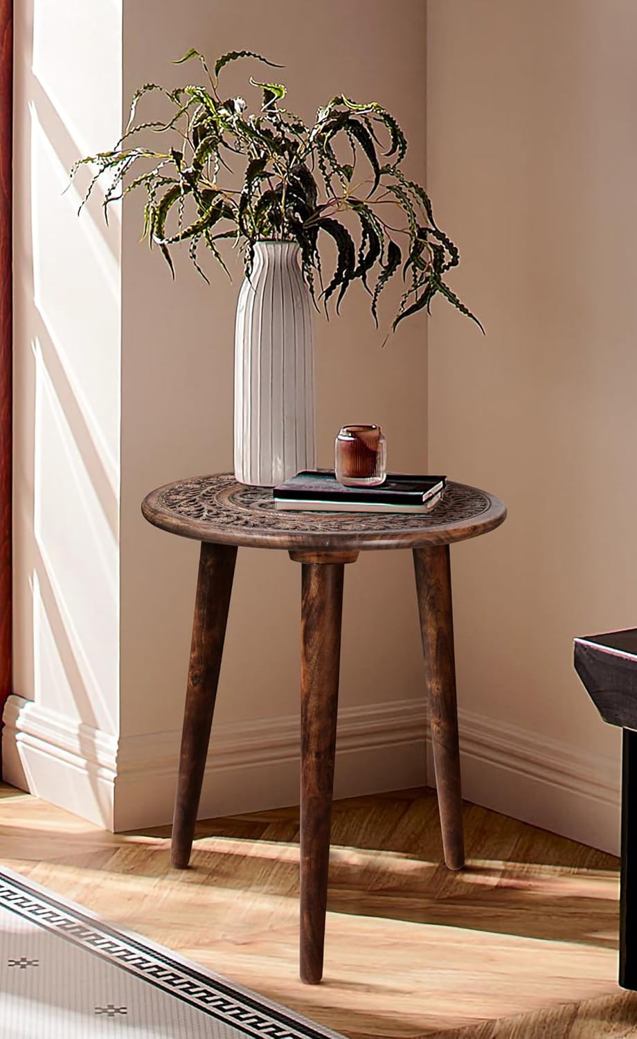 Wooden Table with 3 Legs Pillar,Carving End Tables,Round Coffee Table for Livingroom,Entryway Table,Living Room Side Table for Magazines,Books and Plants - 18"x22" - Burnt