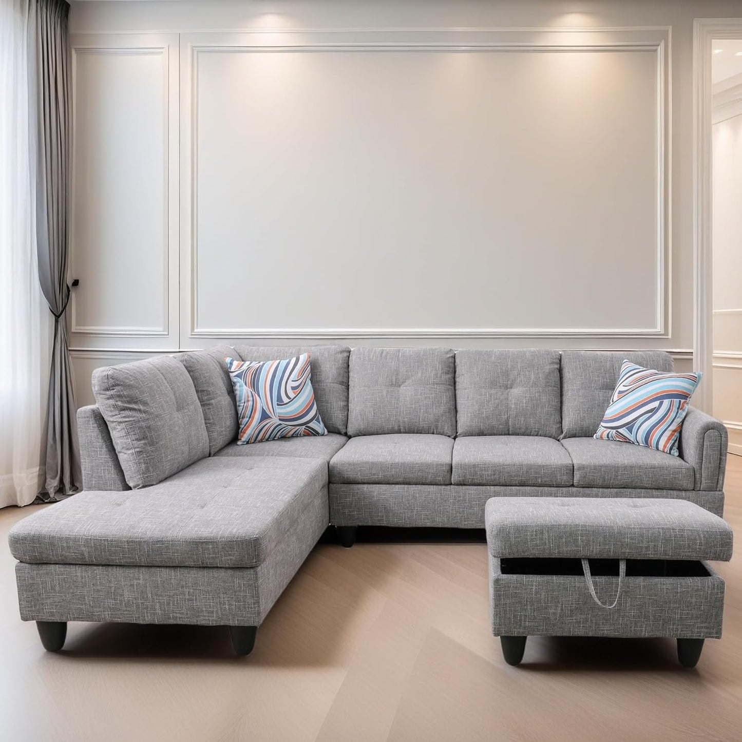 L Shaped Sectional Couches for Living Room, Modern Modular Sectional Sofa with Ottoman Storage, Comfy L Shaped Couch with Chaise for Bedroom Apartment Furniture, Gray