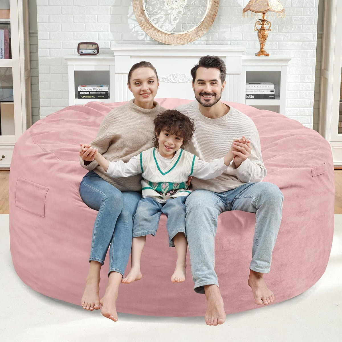 5FT Bean Bag Chair, Large Bean Bag Chairs with Memory Foam Filled, Fluffy Beanbag Sofa with Dutch Velvet Cover, Round BeanBag Chairs for Living Room, Playroom - Light Pink