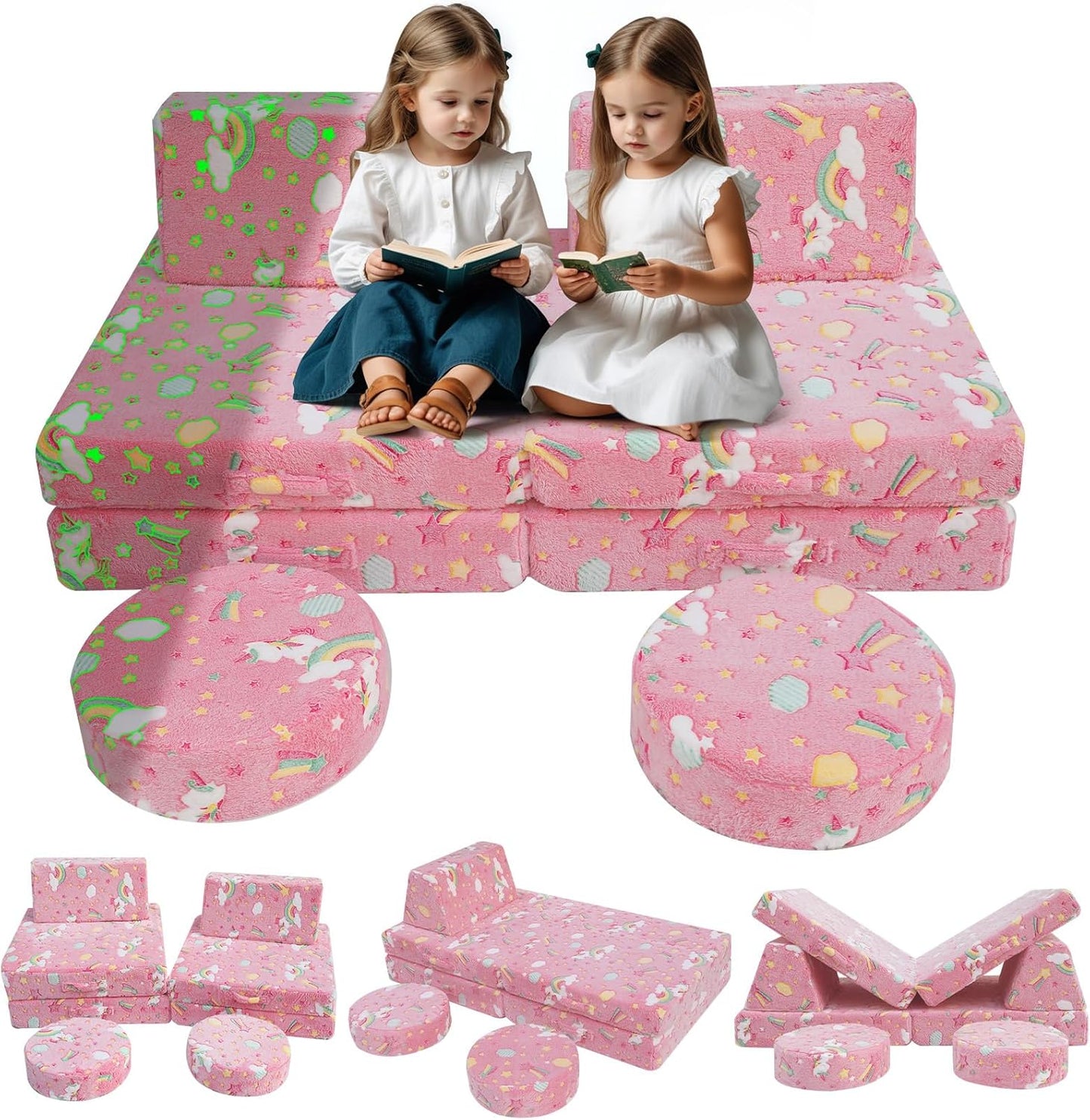 MeMoreCool Modular Pink Unicorn Glow-in-The-Dark Kids Play Couch, 8-Piece Convertible Toddler Sofa for Playroom