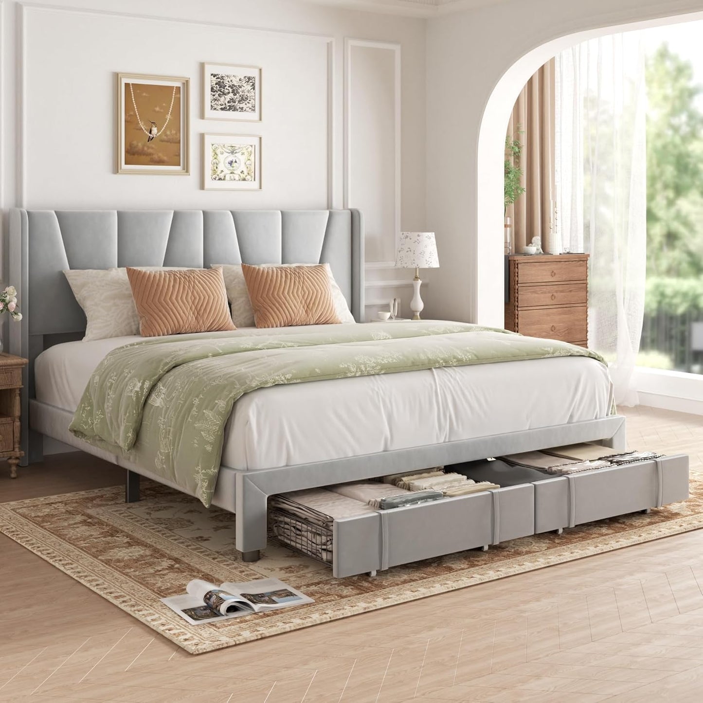 King Bed Frame with Storage Drawers, Upholstered Platform Bed with Headboard and Wingboard, No Box Spring Needed, NO Noise, Easy Assembly, Wooden Support Slats,Light Grey