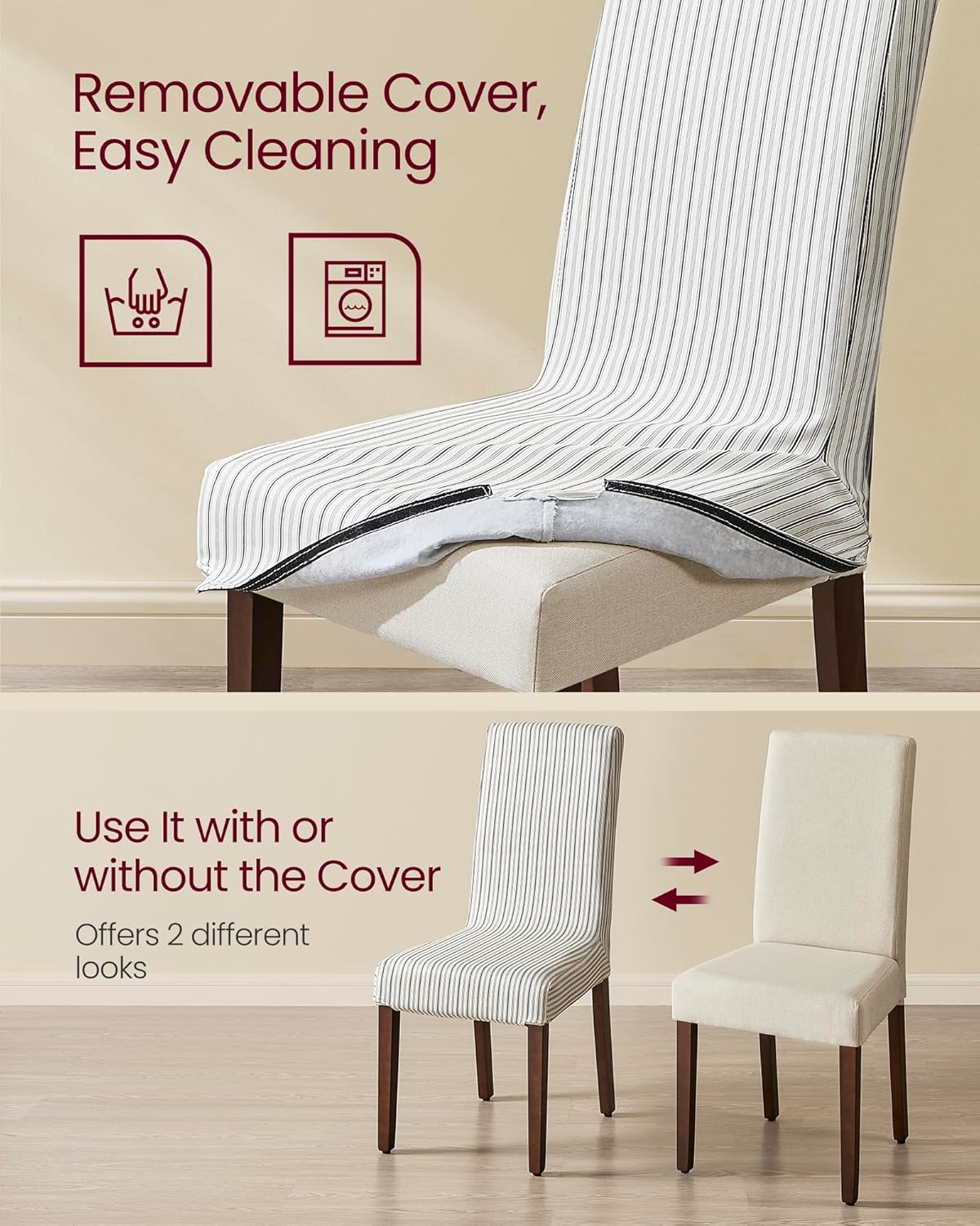 VASAGLE Dining Chairs, Parsons Chairs with Removable Fabric Cover, High Back, for Dining Room Kitchen, Set of 2, Thick Seat, 22.8 x 18.9 x 39.4 Inches, Cream White UKDC152W01