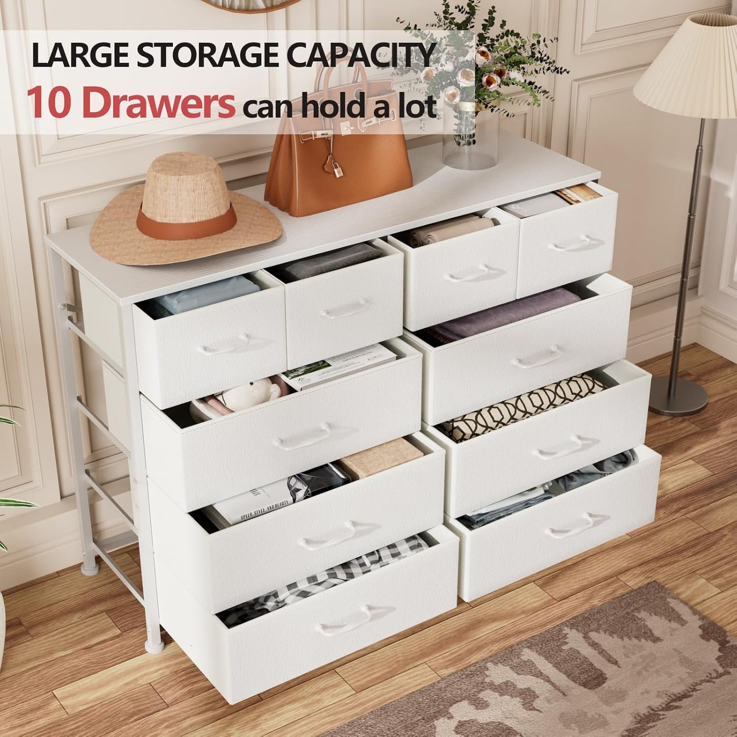 Furnulem Bedroom Dresser White for 55”Long TV Stand Entertainment Center Dressers & Chests of Drawers,10 Storage Fabric Drawer, Sturdy Metal Frame Tall Storage Cabinet for Living Room, Entryway