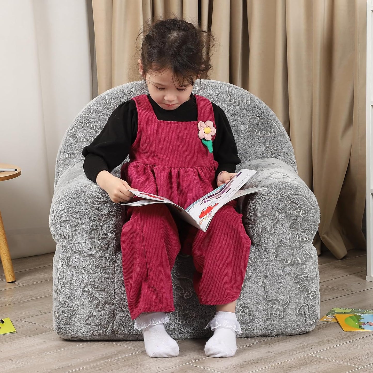 Dinosaur Glow in The Dark Kids Sofa with Star Throw Pillow, High Back Toddler Chair Glow in The Dark for Boys and Girls, Grey