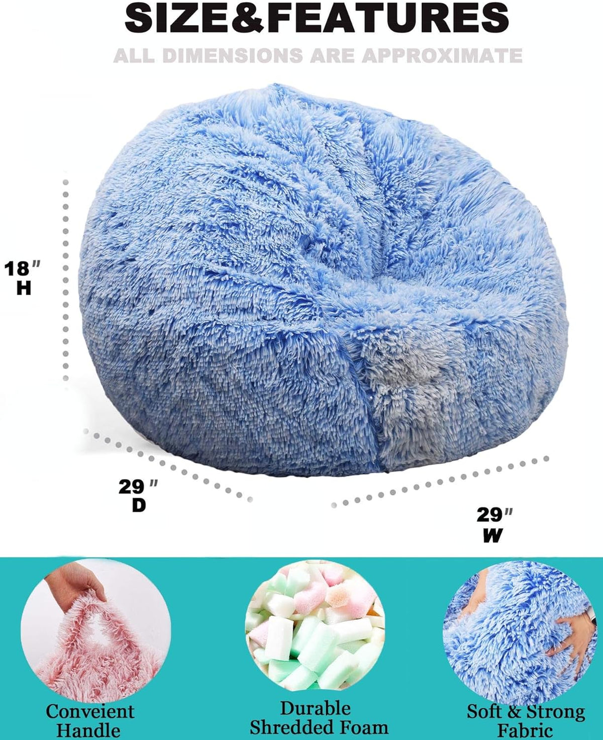 Fluffy Bean Bag Chair for Kids, 2.5FT Round Memory Foam Filled Bean Bag for Teens & Kids, Ultra Soft Faux Fur Fabric Bean Bag Chairs for Playroom, Living Room, Bedroom, Blue
