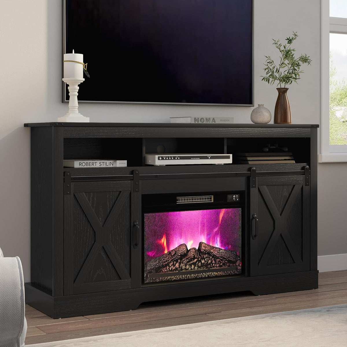 RoyalCraft Farmhouse Fireplace TV Stand for 65+ Inch TV, Entertainment Center with 23" Electric Fireplace with Remote, 34" Tall Modern Rustic TV Console with Sliding Bar Door for Living Room, Black